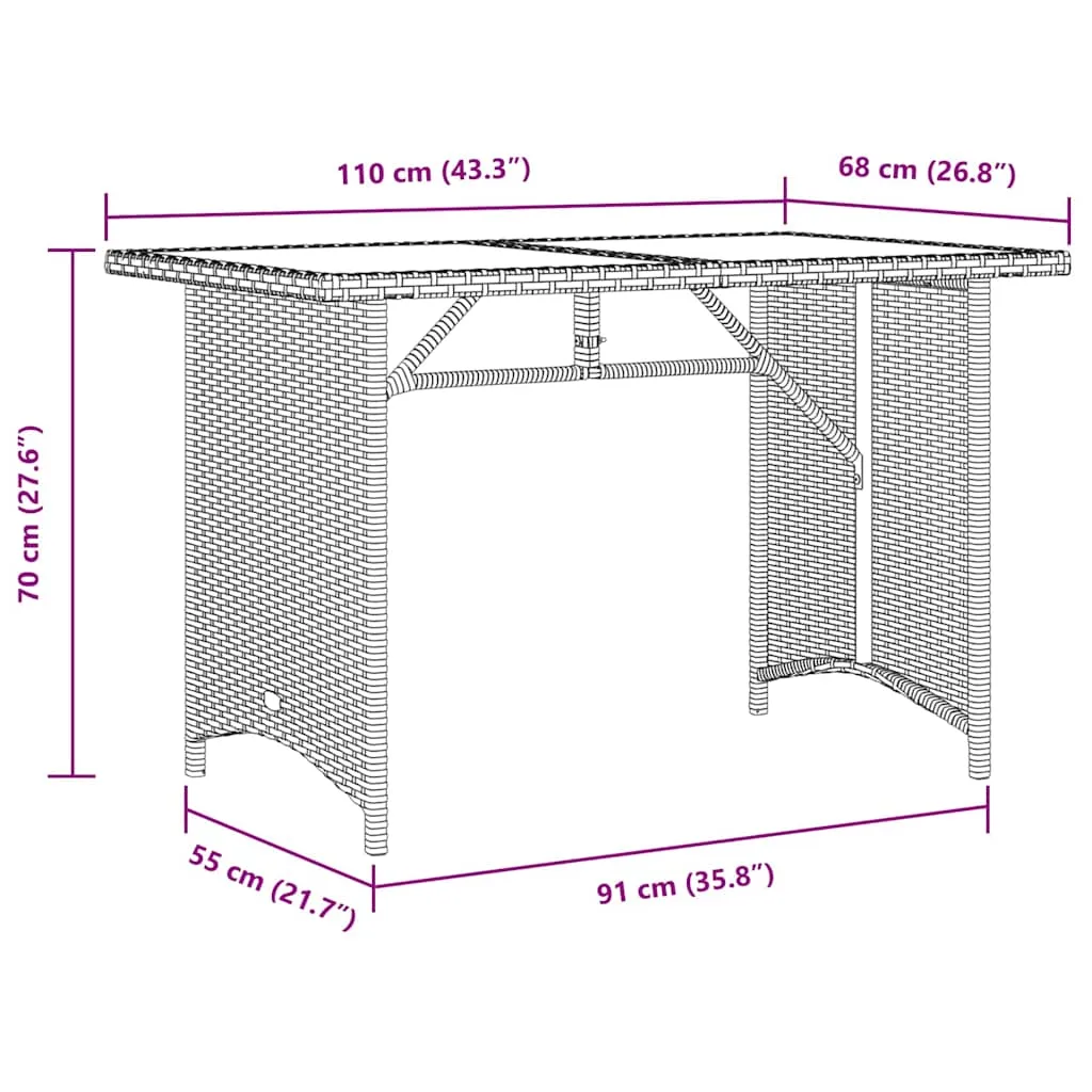 Gartentisch Braun 110 x 68 x 70 cm mit Glasplatte