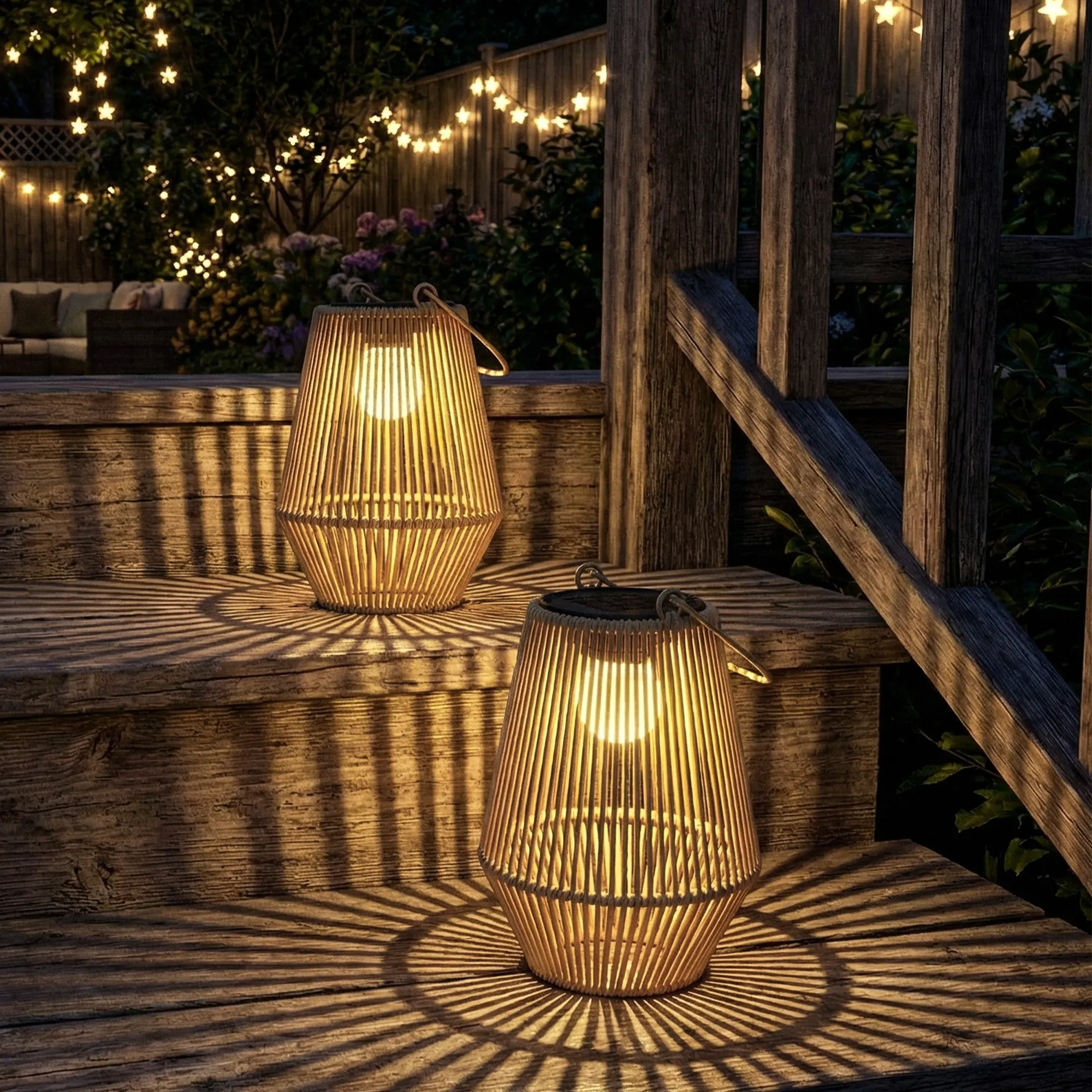 Solar Hängelampen Set Rattan Optik IP44 wasserdicht, Braun