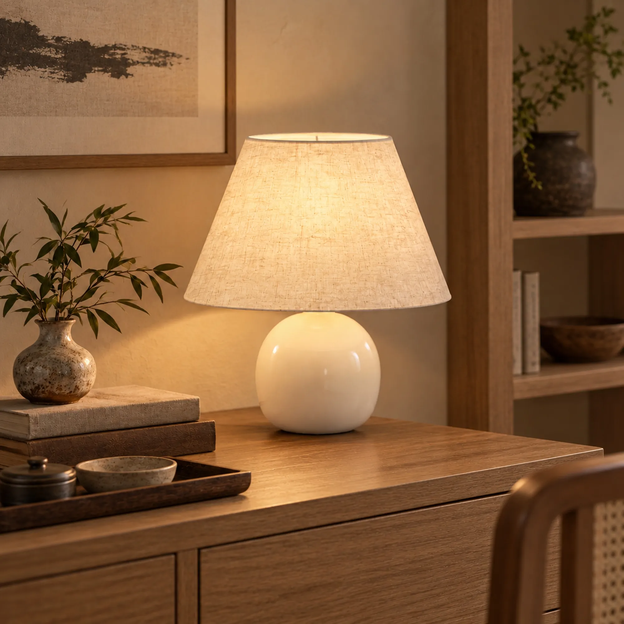 Tischlampe Vintage mit Keramiksockel und Leinen, Cremeweiß