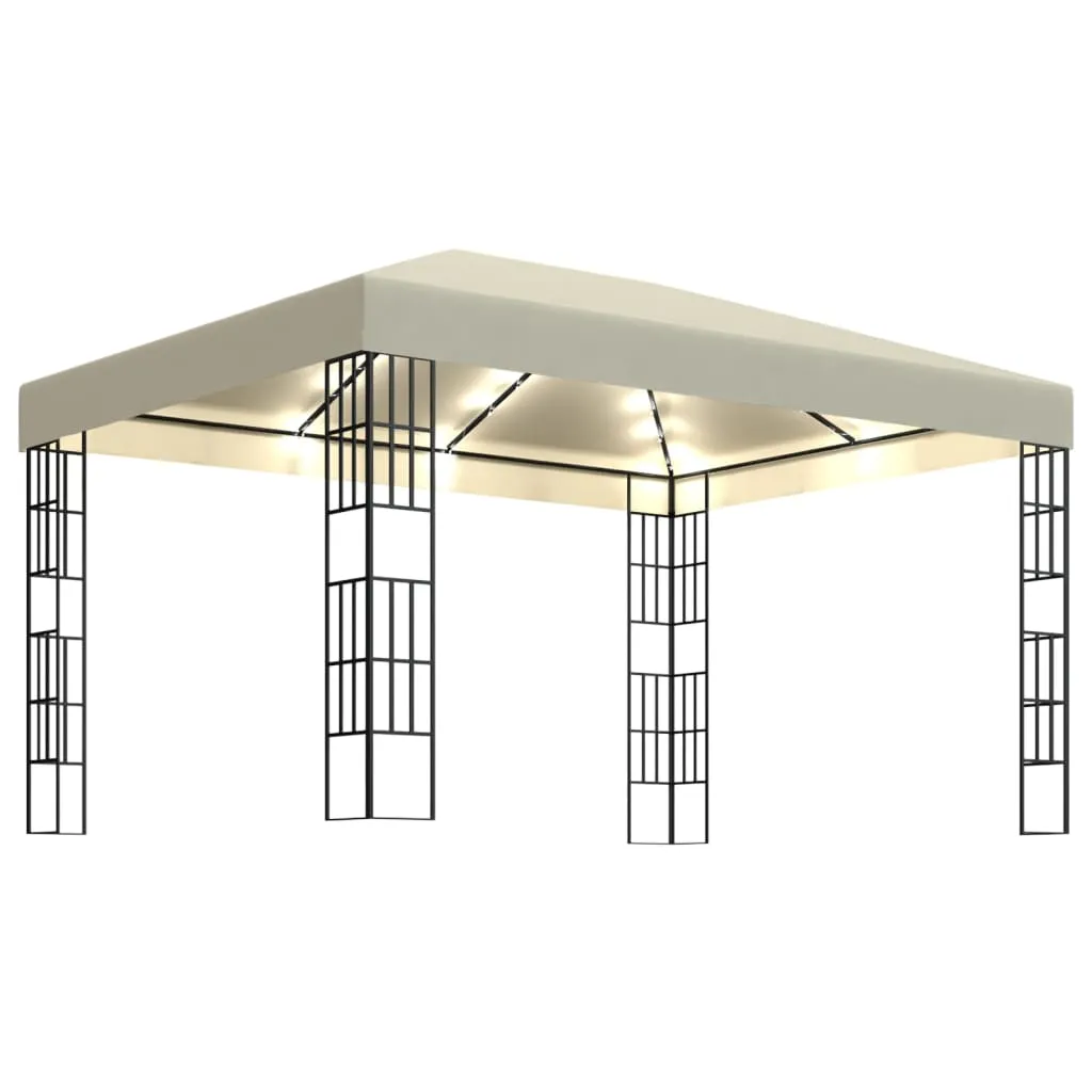Gartenpavillon 3×4×2,6 m Creme und Schwarz mit Solar-Lichterkette