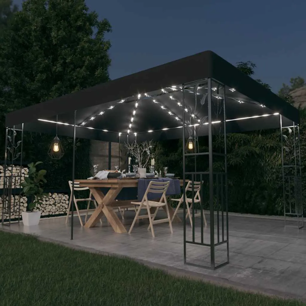 Pavillon Anthrazit 3x4 m mit doppeltem Polyesterdach und Solar-Lichterkette