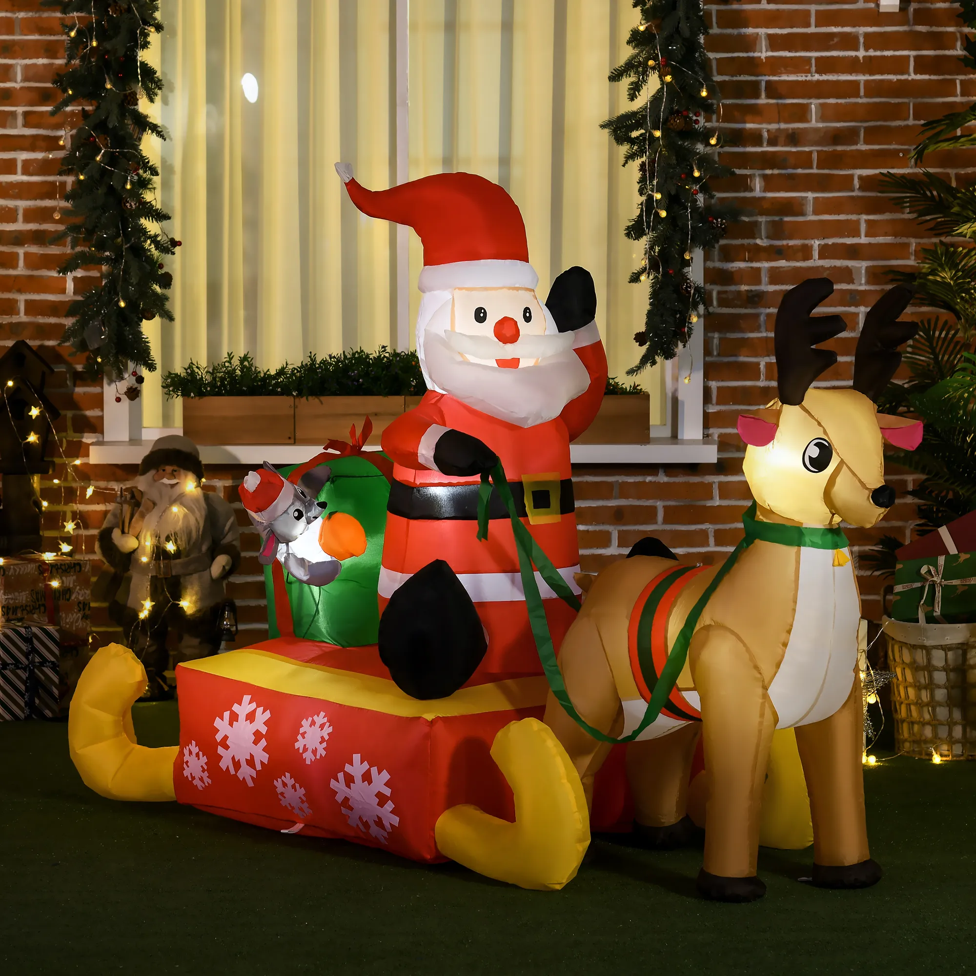 Aufblasbare Weihnachtsdeko, Weihnachtsmann mit Schlitten und Rentier, mit LED-Lichtern, für den Garten
