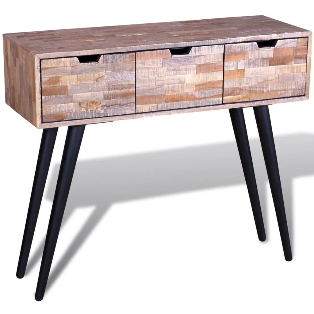 Konsolentisch aus Naturholz 87x31x75 cm mit schwarzem Gestell und 3 Schubladen
