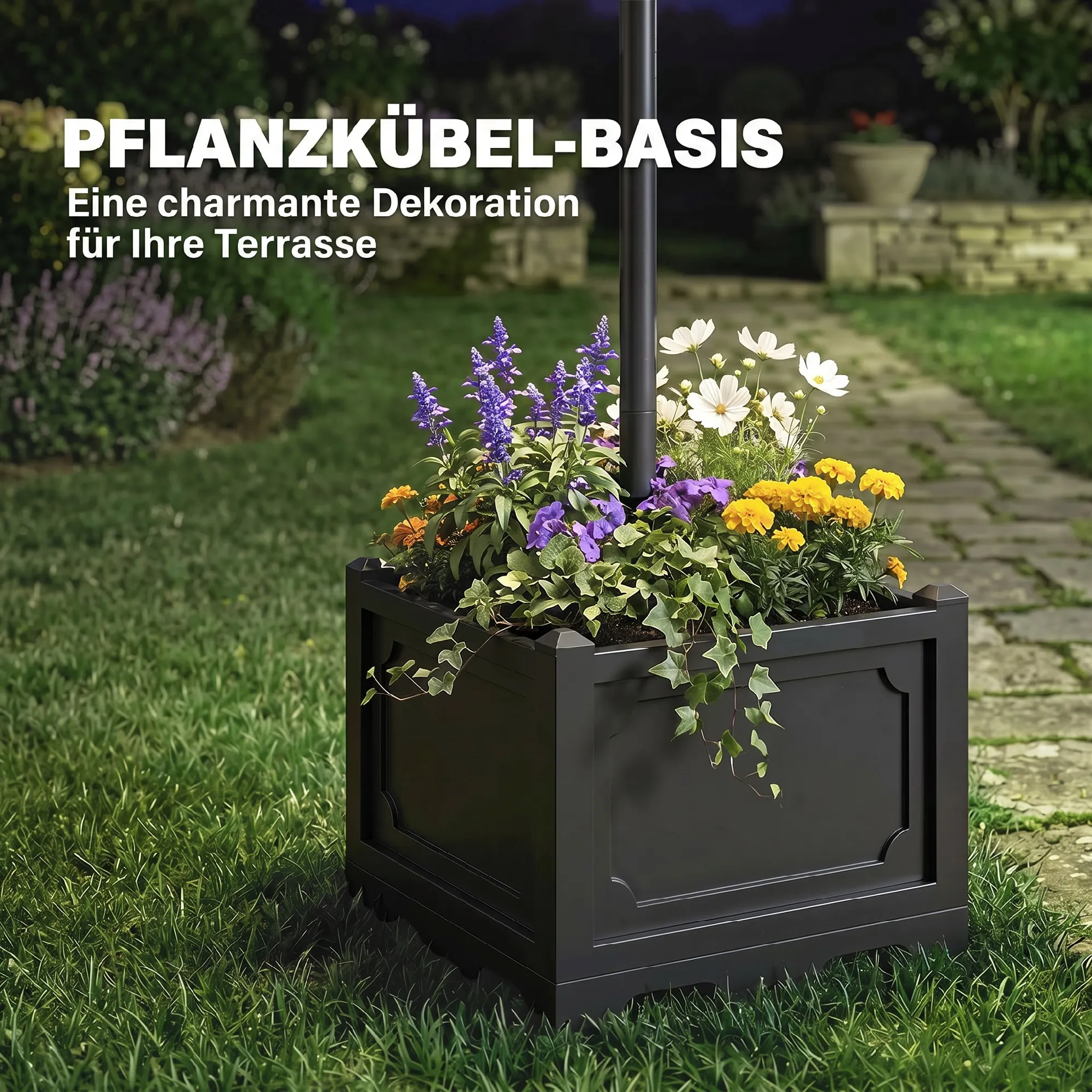 Solarleuchte Gartenlaterne mit Blumentopf-Basis, 189 cm, Schwarz