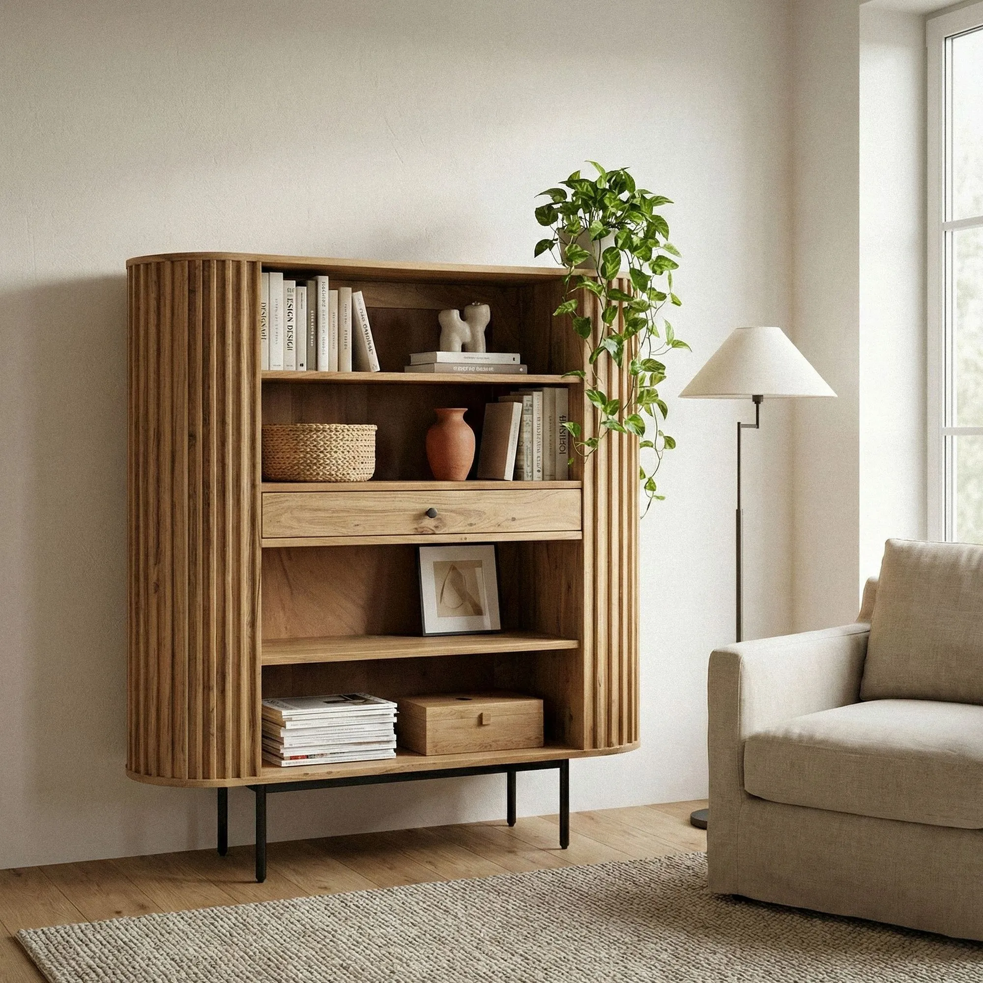 Bücherregal Massivholz Akazie 105x122 cm Lamellen Design - Offenes Standregal mit Schublade - Stauraumregal Metallbeine - Wohnregal Wohnzimmer - Kleiner Schrank Regal Handmade