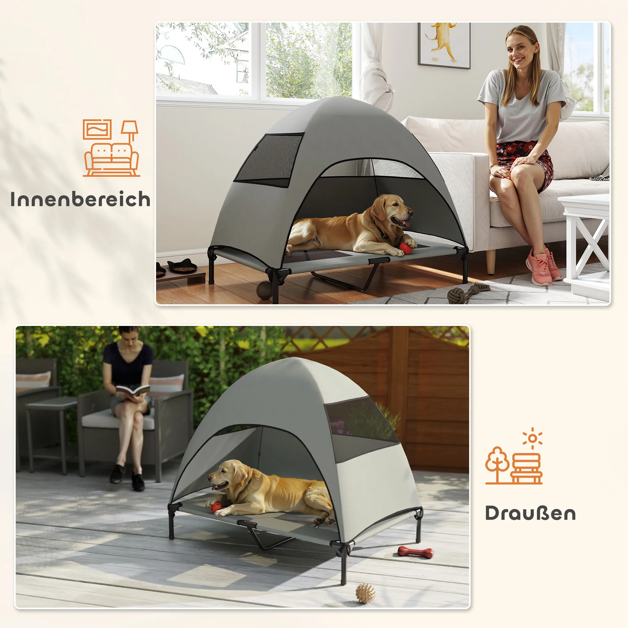 Outdoor Hundeliege 106x76 cm in Hellgrau+Schwarz