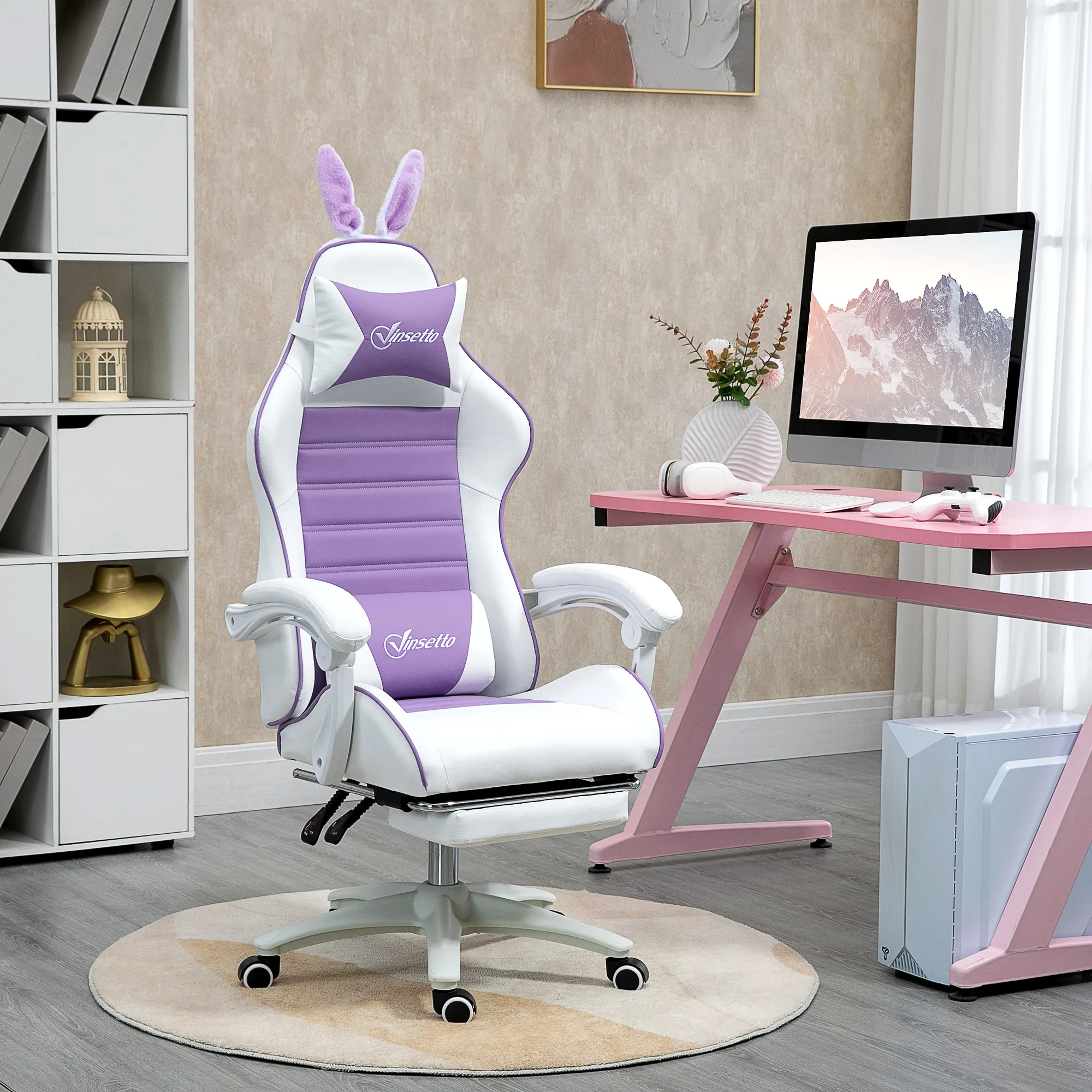 Gaming-Stuhl mit Fußstütze 65L x 63B x 136-142H cm Violett+Weiß