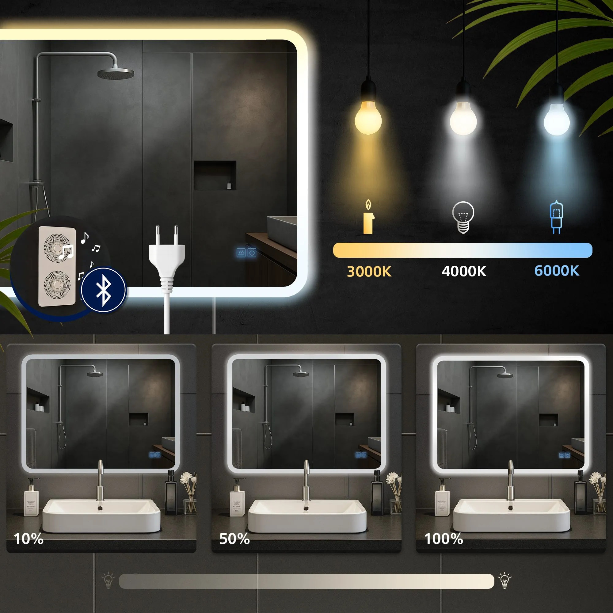 Badspiegel Jericho Bluetooth LED 80x60 cm Klarglas