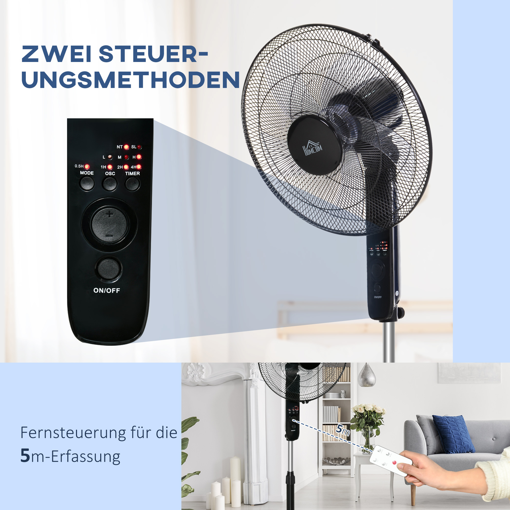 Standventilator mit Fernbedienung, Höhenverstellbarer Ventilator, 70° Oszillierender Lüfter, 3 Geschwindigkeitsstufen, Verstellbarer Neigungswinkel, 7,5h Timer, Ø44,5 x 110-124 cm, Schwarz