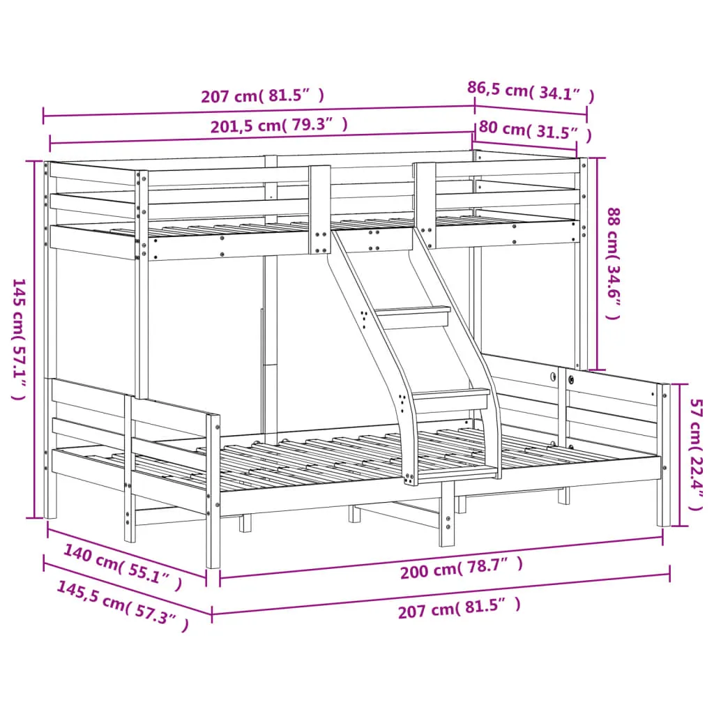 Etagenbett aus massivholz 207x145,5x145 cm naturfarben