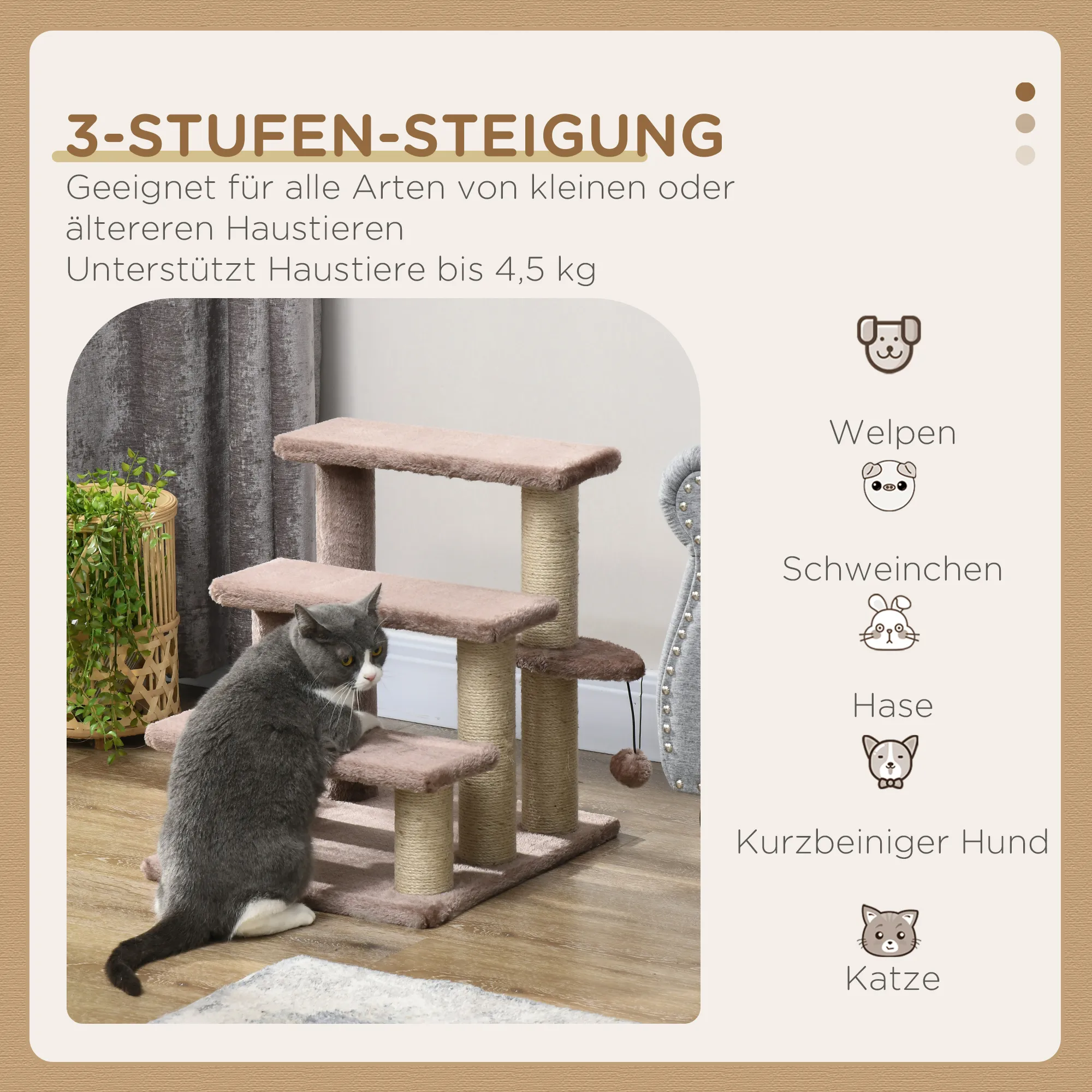Haustiertreppe Braun 45L x 40B x 48H cm mit Spielball