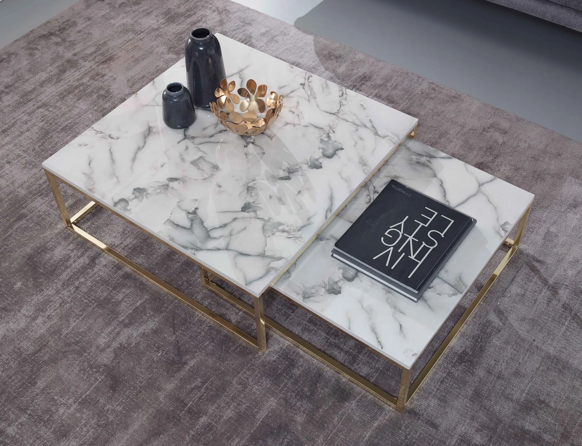 WOHNLING Design Couchtisch 2er Set Weiß Marmor Optik Eckig