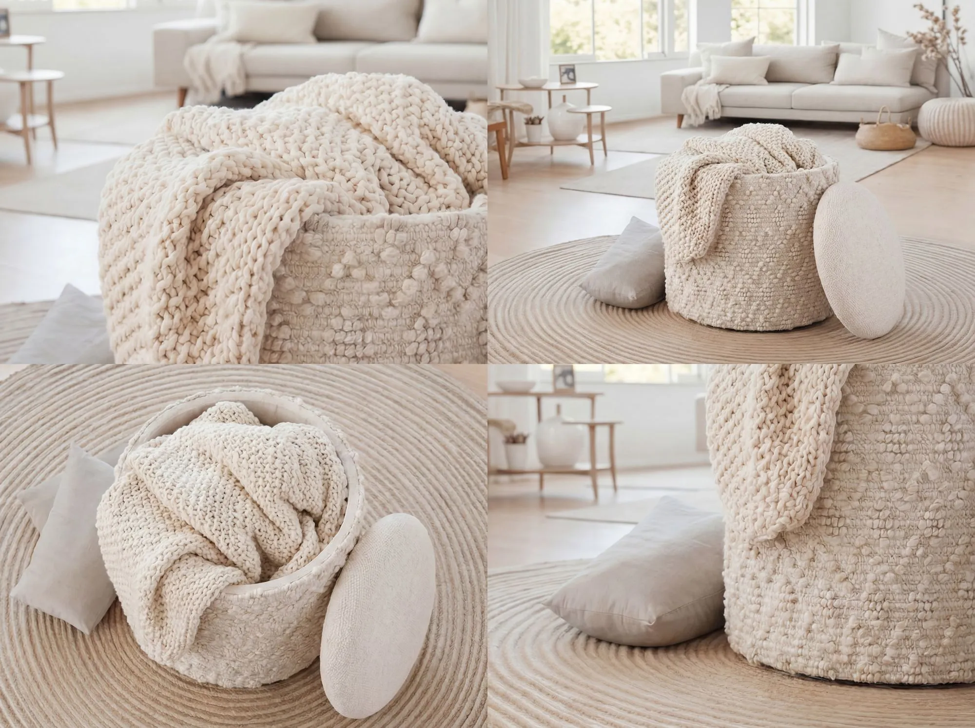 Sitzhocker mit Stauraum aus Wolle 40cm Creme Stoff Rund - Design Boho Stoffhocker mit abnehmbarem Deckel - Polsterhocker Schminktisch Hocker - Beistellhocker für Wohnzimmer Handmade