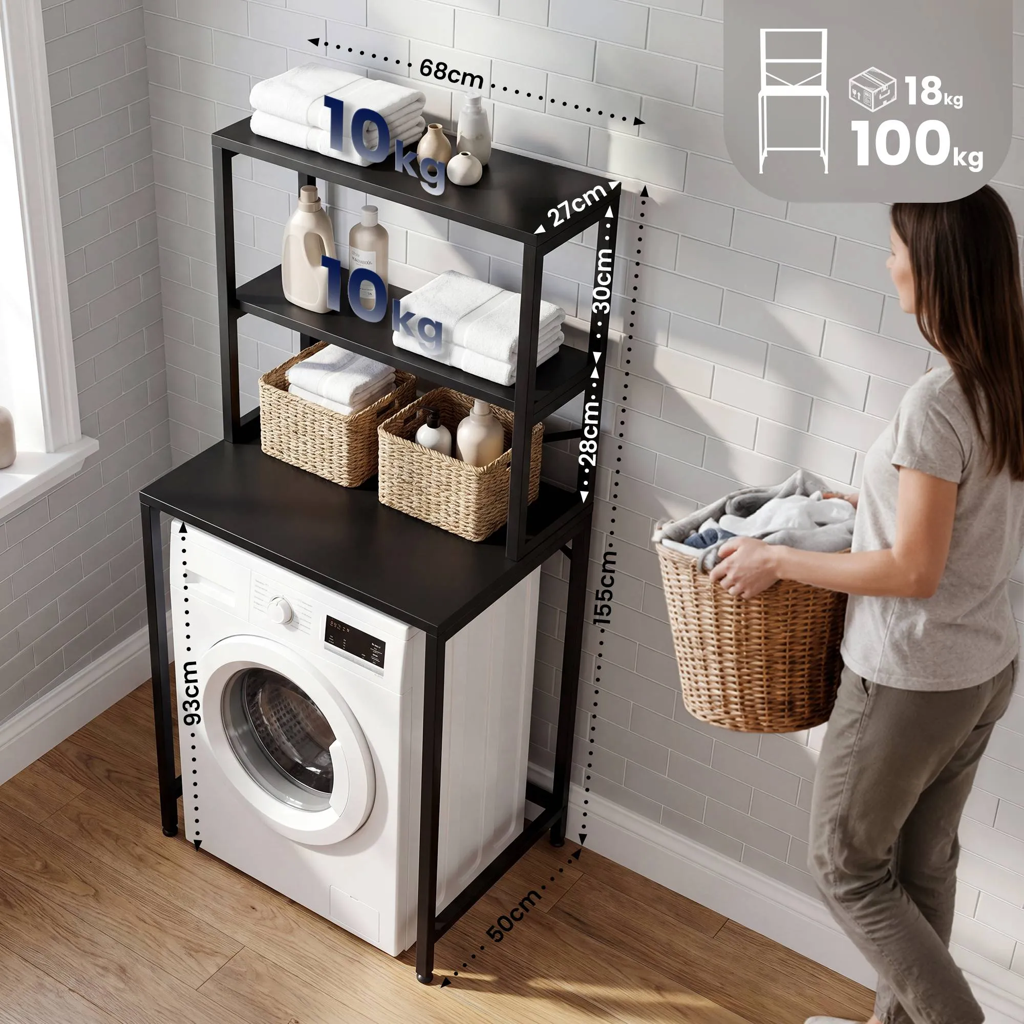 Waschmaschinenregal Torbay 68x50x155 cm schwarz