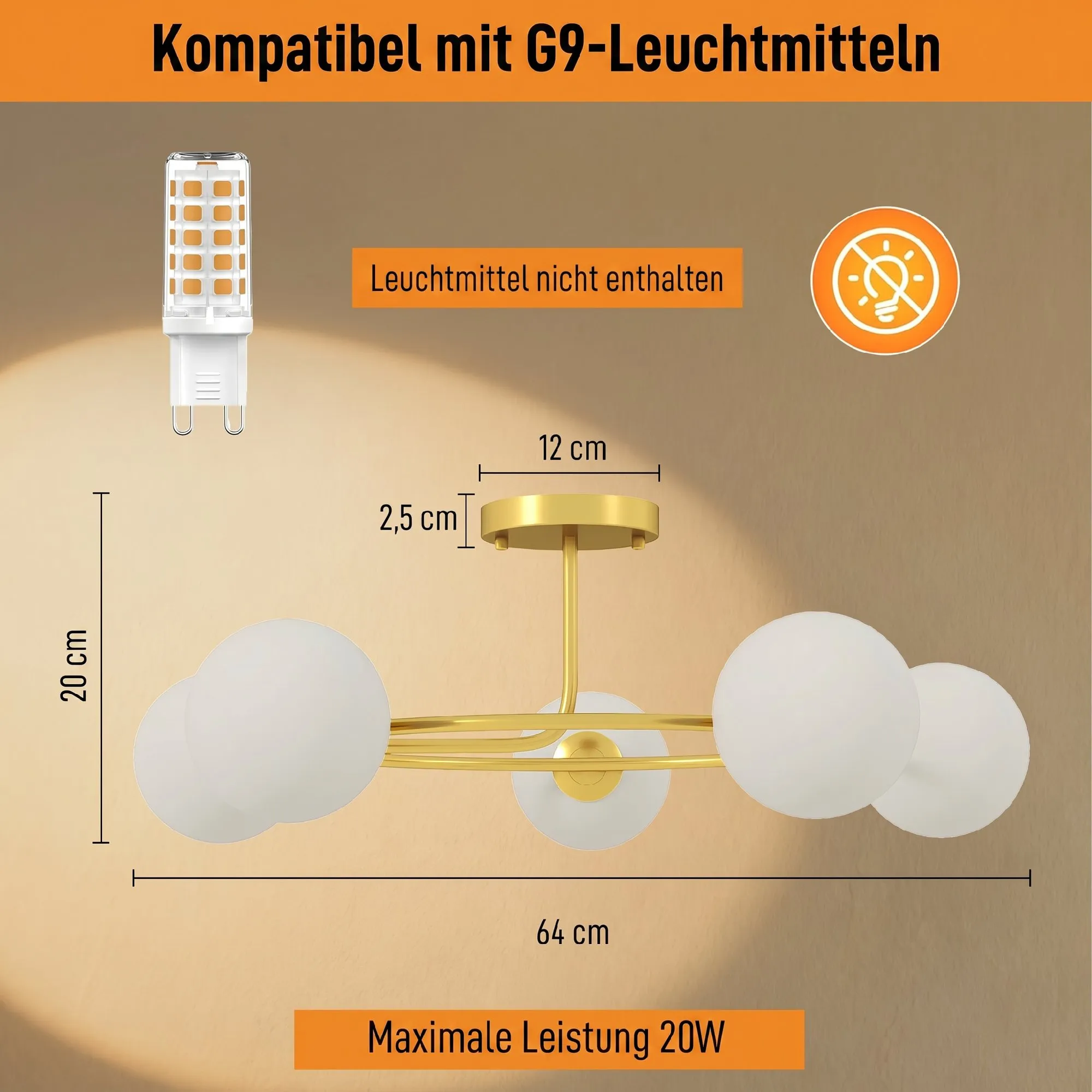 Deckenleuchte G9 mit 5 Schirmen, Metall, Ø64 cm, Gold-Weiß