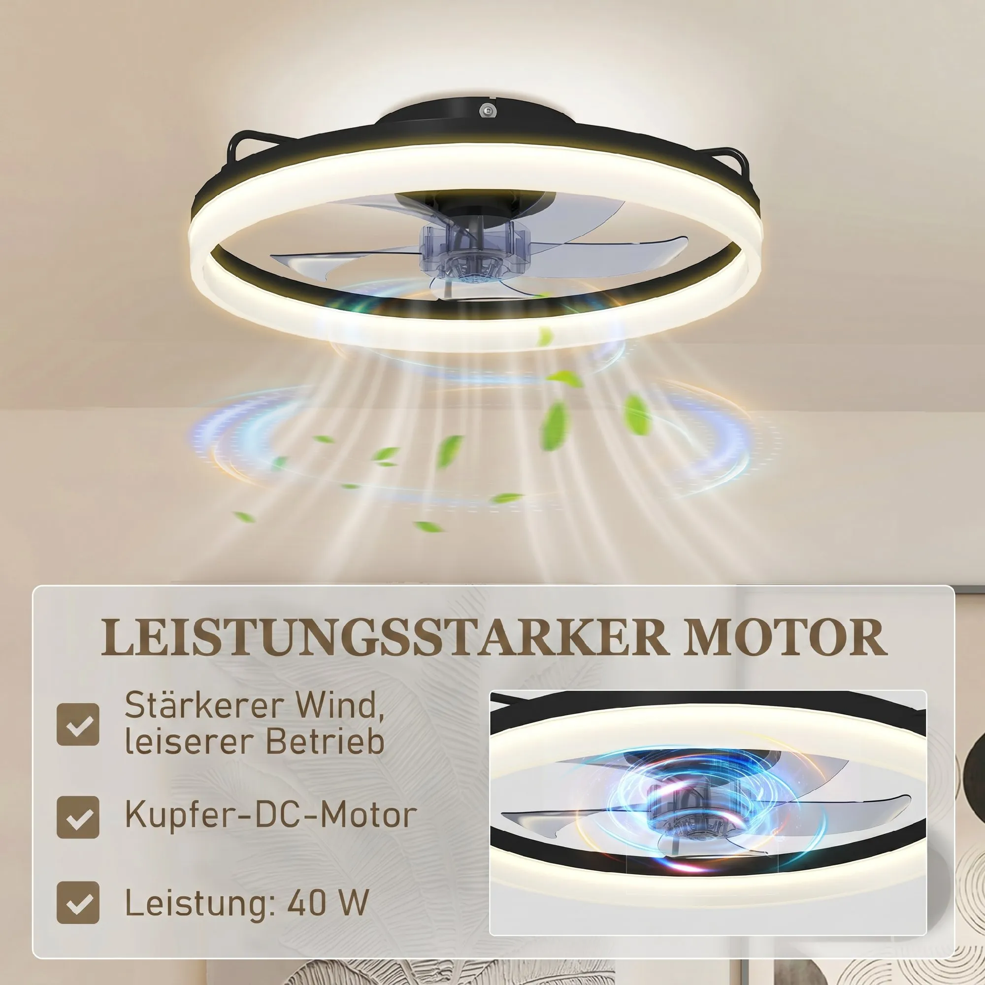 Deckenventilator mit Licht und Fernbedienung, 50 cm LED-Deckenventilator mit 3 Farben, 6 Geschwindigkeiten, Timer, Dimmbar