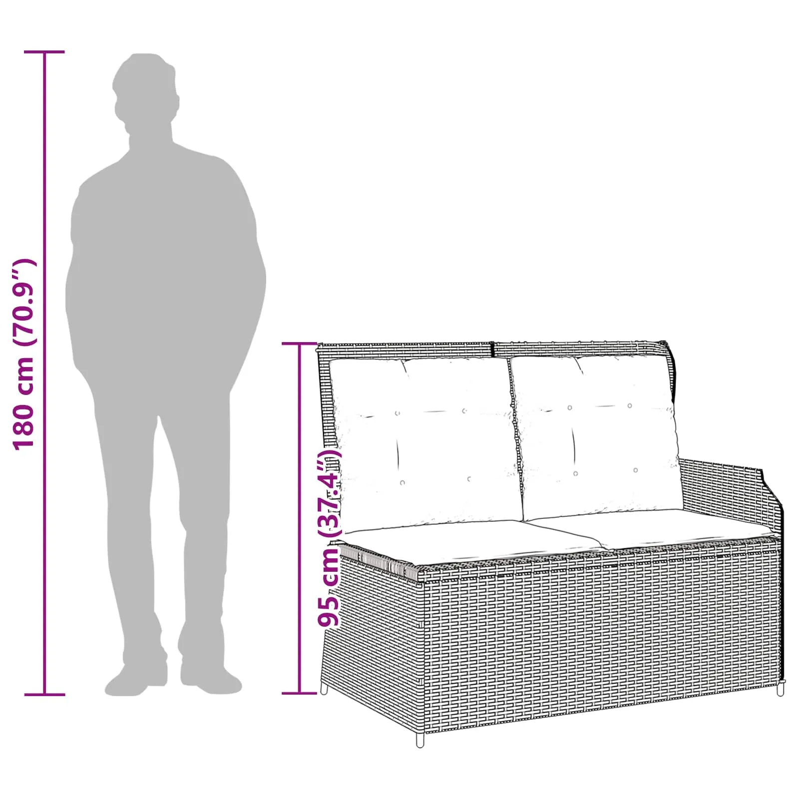 Liege-Gartenbank Poly-Rattan Schwarz und Cremeweiß für 2 Personen