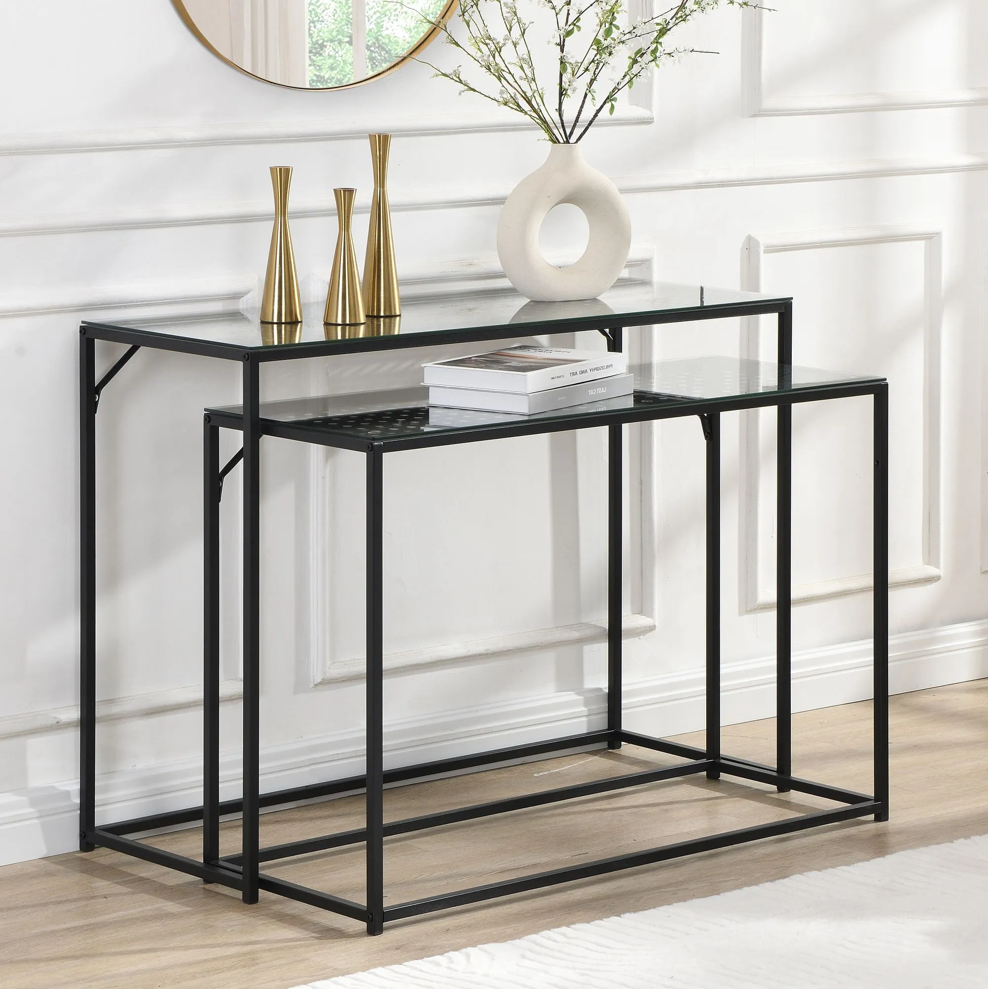 Konsolentisch Set 2er Schwarz Metall mit Glasplatte