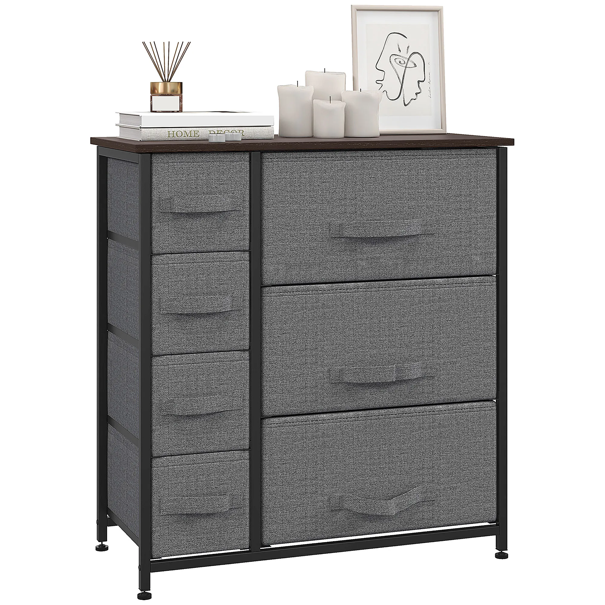 Kommode mit 7 faltbaren Stoffschubladen, Vlies, Metallgestell, 63,5 x 30 x 71 cm, Dunkelgrau Kommode mit 7 faltbaren Stoffschubladen, Vlies, Metallgestell, 63,5 x 30 x 71 cm, Dunkelgrau