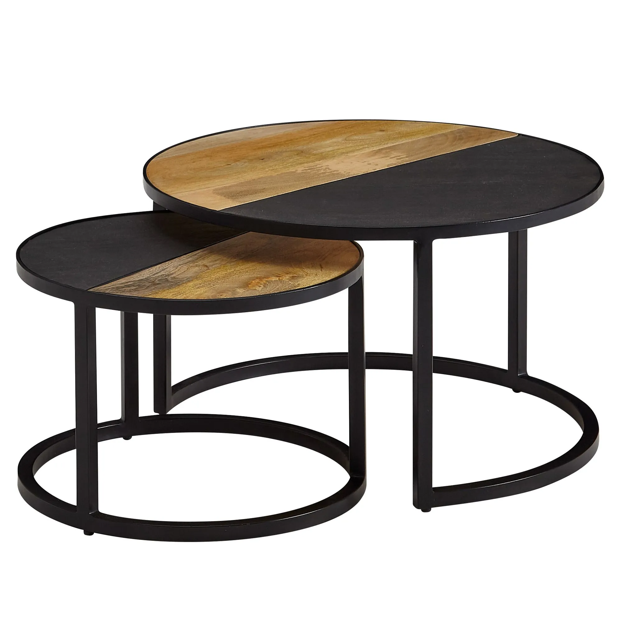 Couchtisch 2er Set Mango Massivholz / Stein-Optik Sofatisch Rund Modern