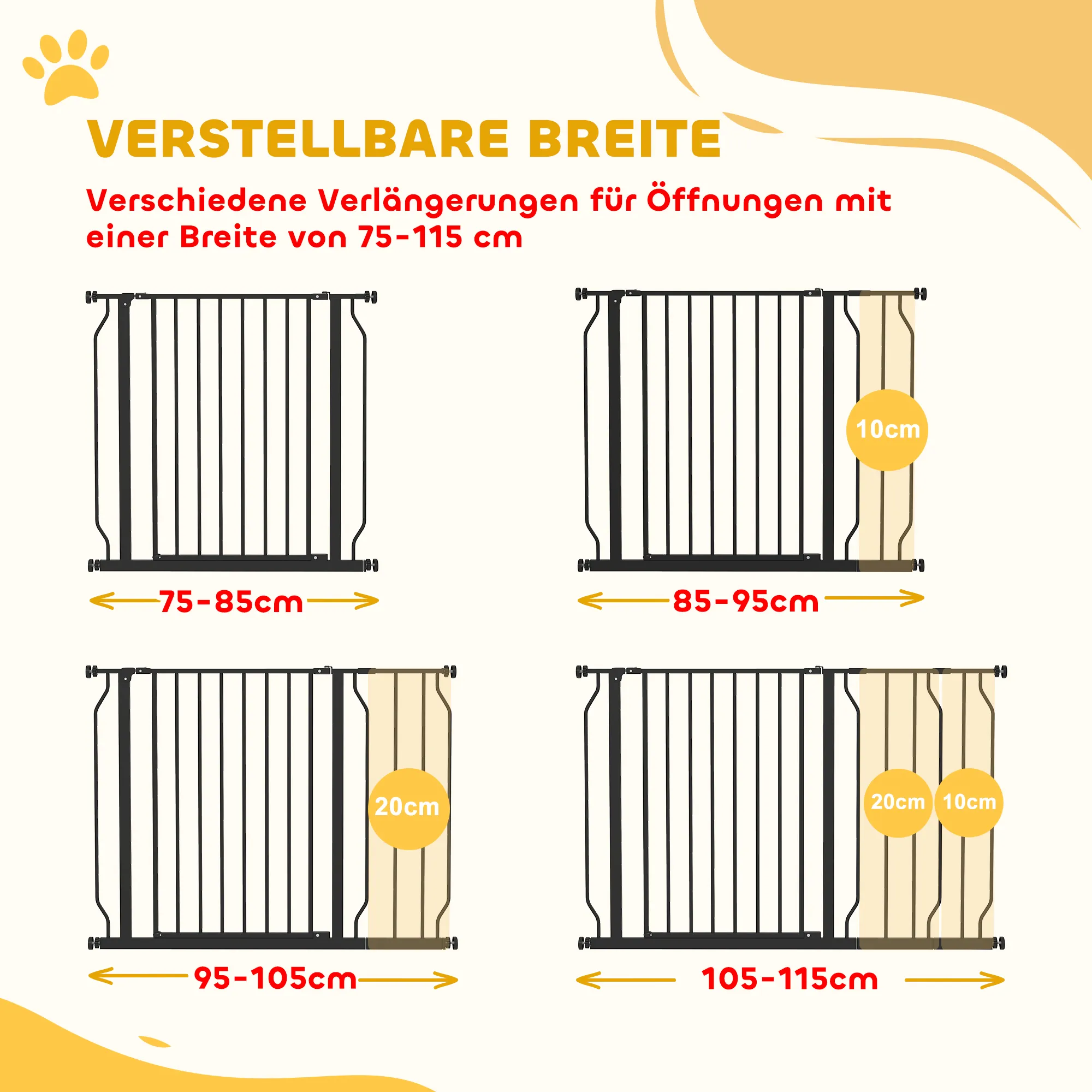 Hunde-Absperrgitter aus Stahl/ABS, verstellbar 75-115 cm, Schwarz