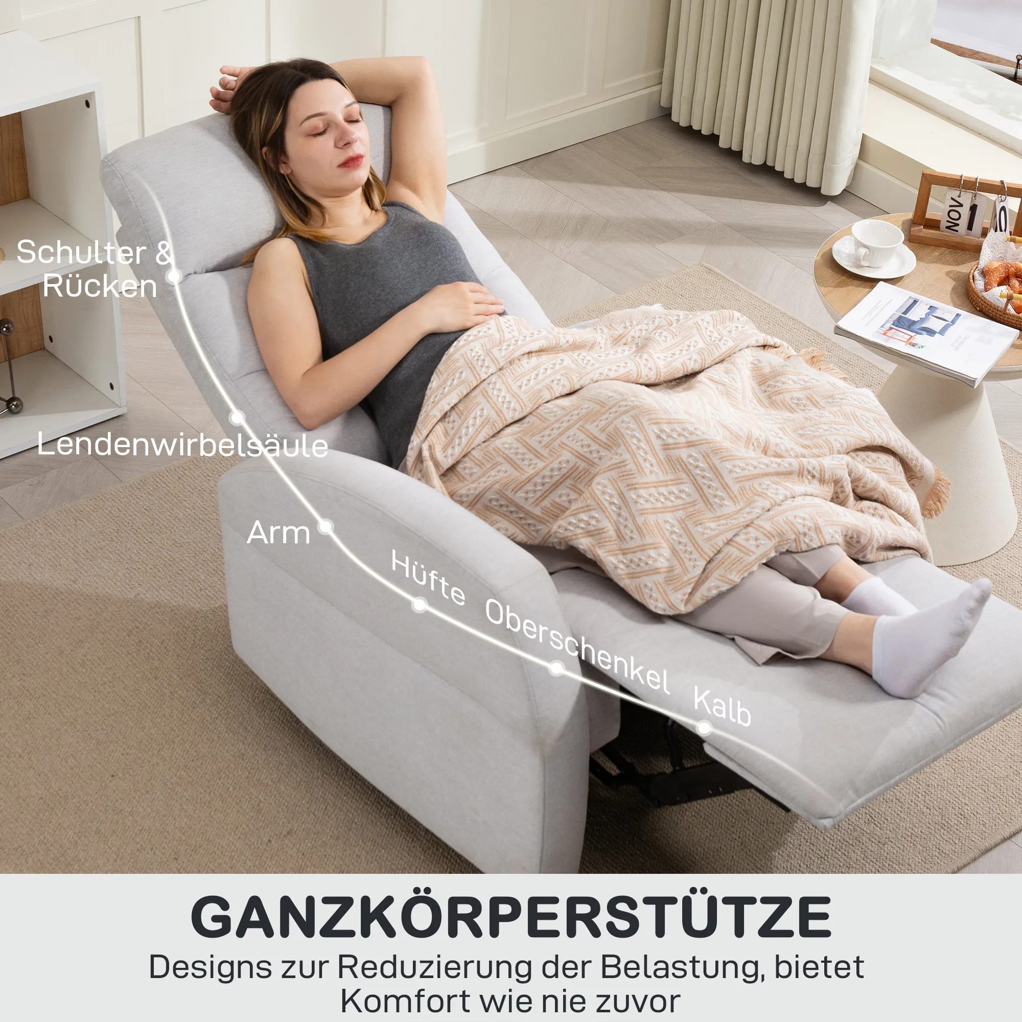 Verstellbarer Relaxsessel mit Fußstütze, Moderner Polstersessel, Hellgrau