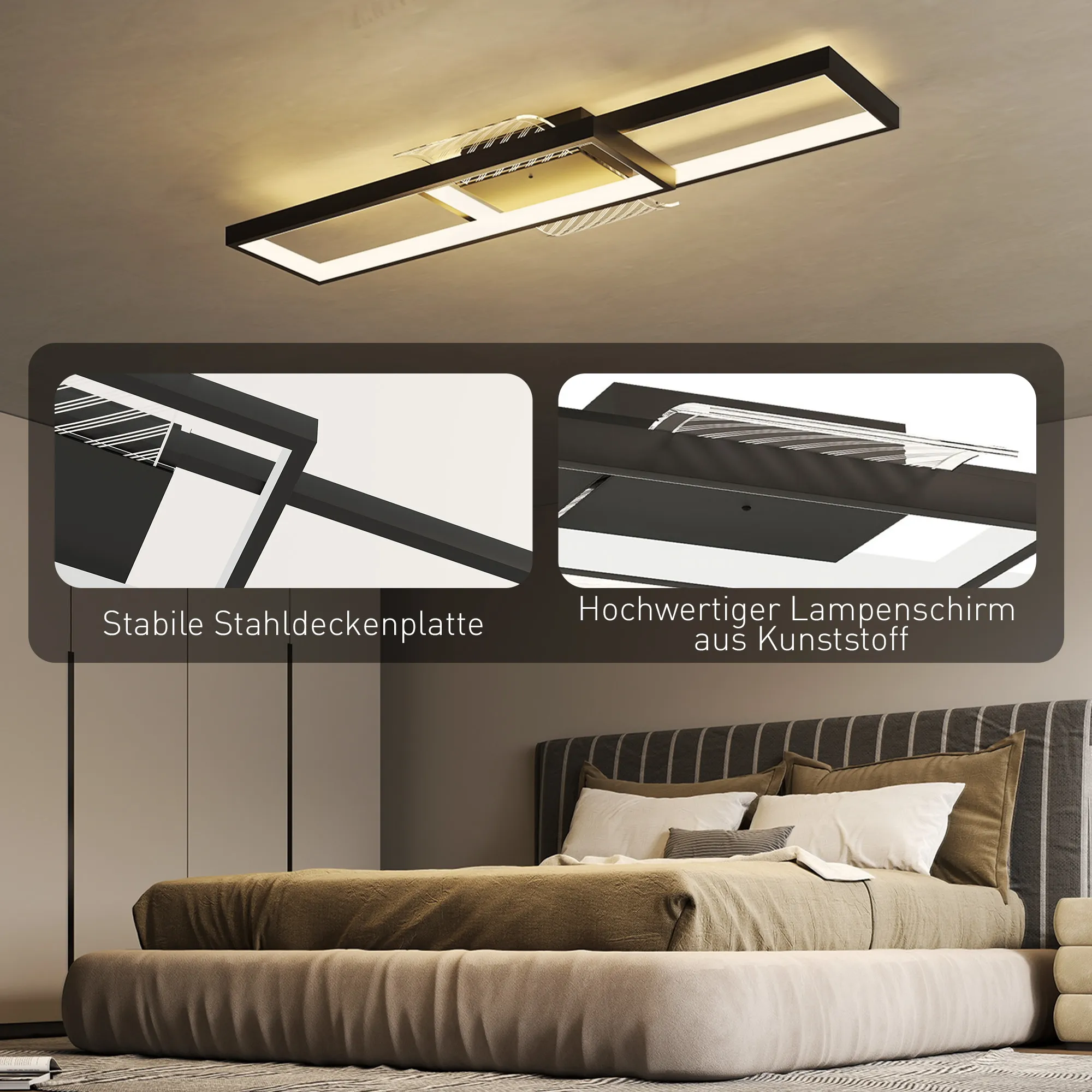 Deckenleuchte LED dimmbar mit Fernbedienung, 70x30x7 cm, Schwarz