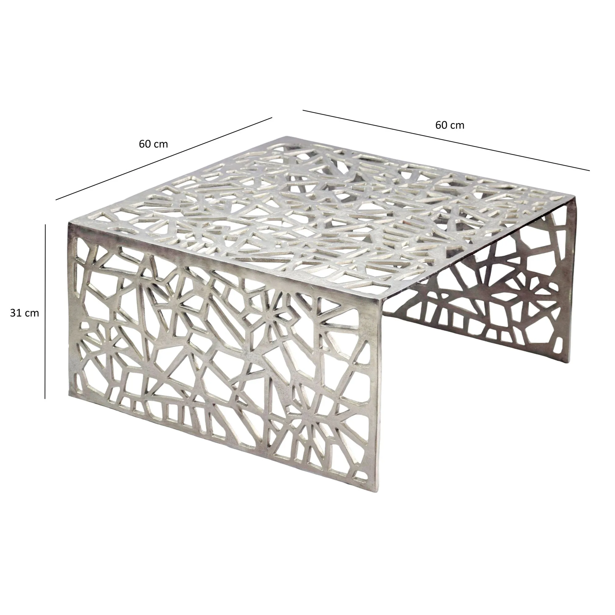 Couchtisch Aluminium Silber 60cm Quadratischer Sofatisch Metall - Wohnzimmertisch Alu modern mit Muster - Design Tisch niedrig - Loungetisch Beistelltisch Handmade