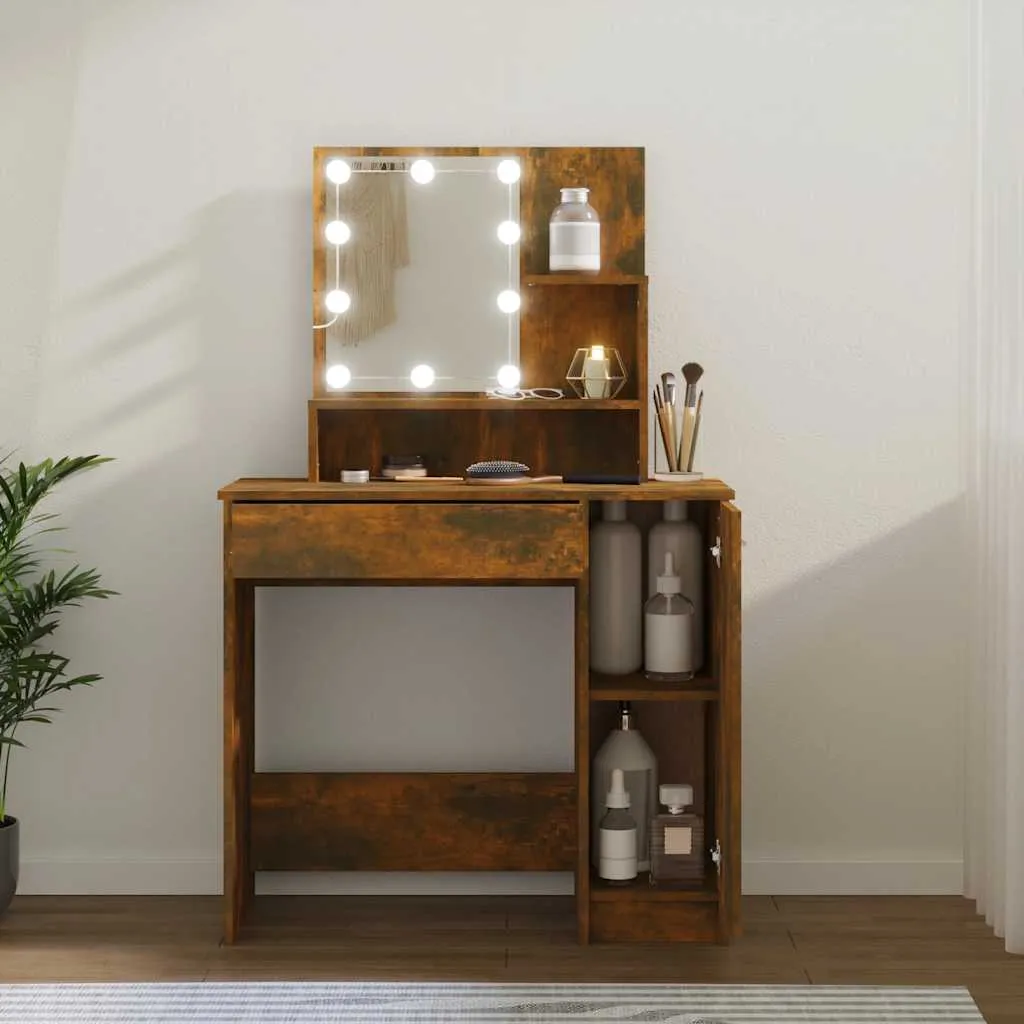 Schminktisch 86,5x35x136 cm Räuchereiche Massivholz mit LED-Beleuchtung