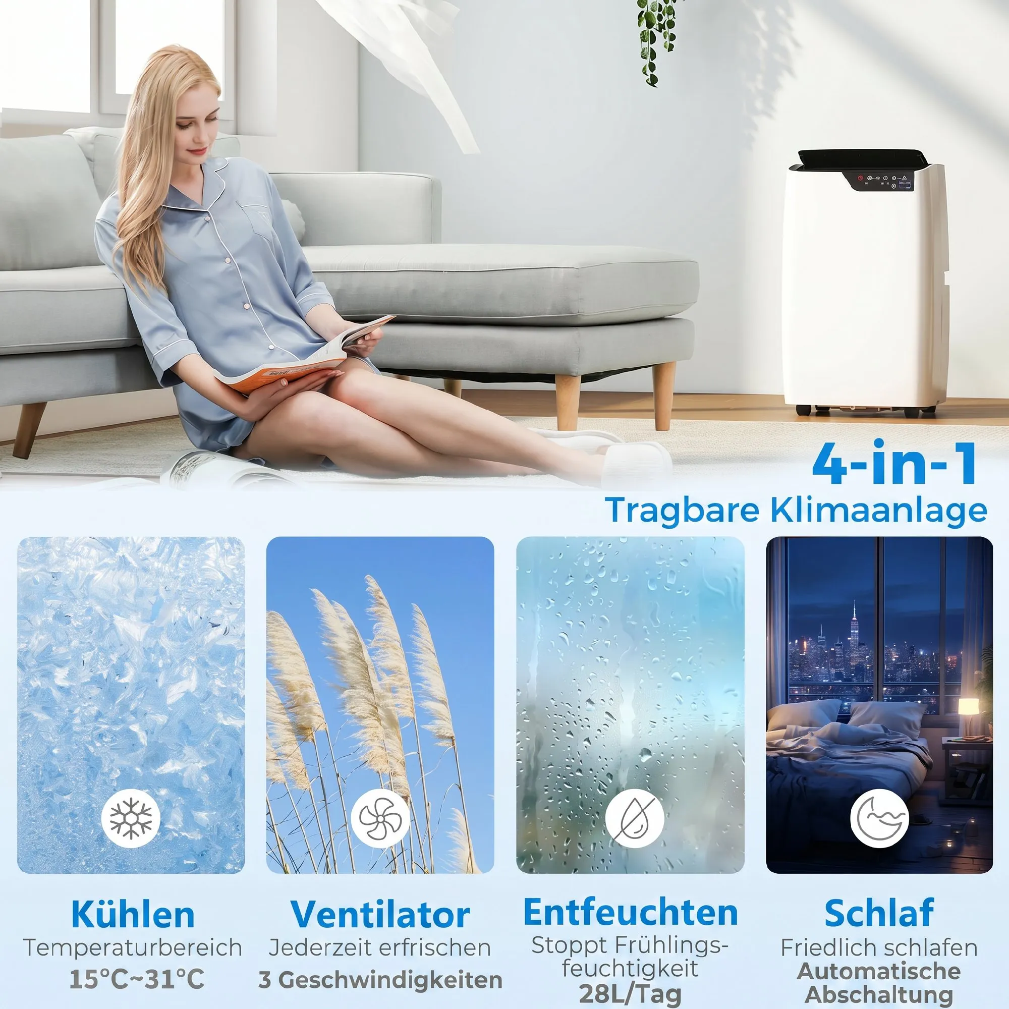 Tragbare Klimaanlage 12000 BTU, Klimagerät mit Kühl-, Entfeuchtungs-, Ventilator- , Schlafmodus, WiFi Sprachsteuerung