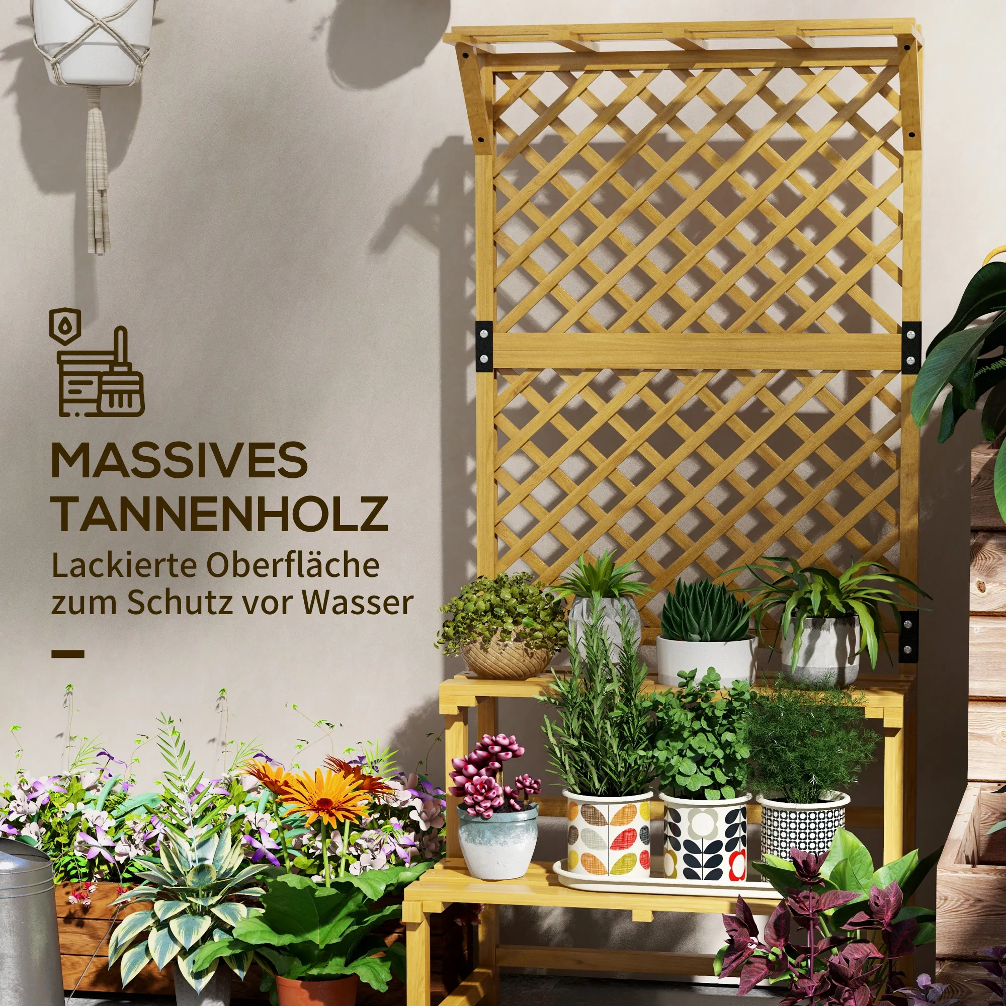 Pflanzenständer, Blumenregal, 2 Etagen, mit Spalier & Dach, Tannenholz, 75x50x166cm, Gelb