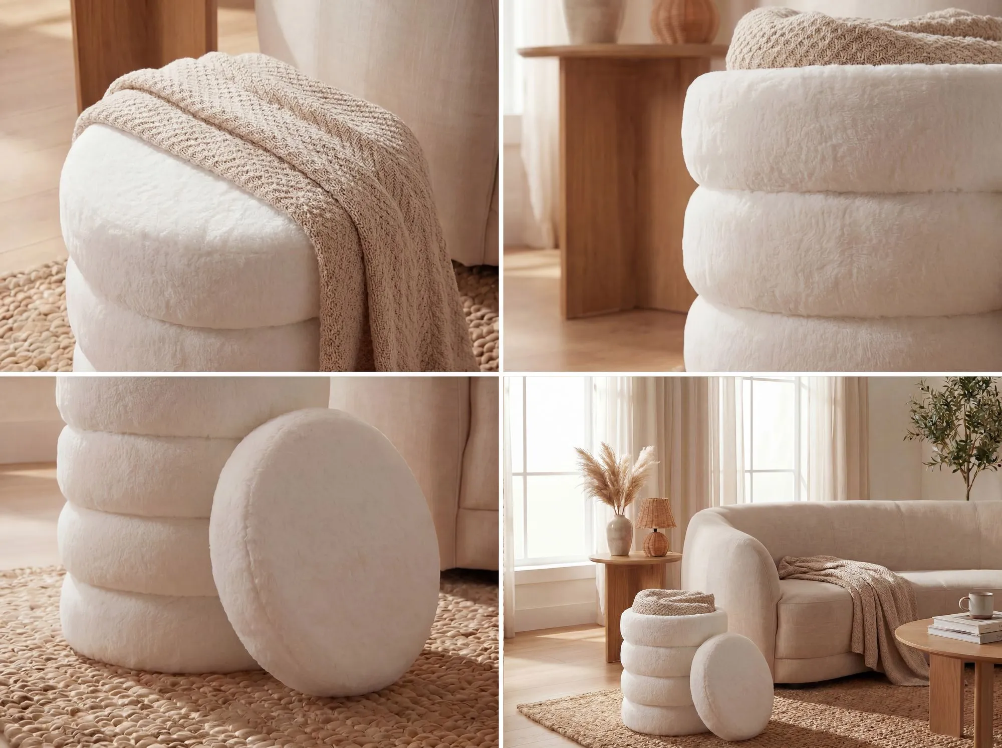 Sitzhocker mit Stauraum aus Teddy Stoff 40cm Creme Rund - Design Boho Stoffhocker mit abnehmbarem Deckel - Polsterhocker Schminktisch Hocker - Beistellhocker für Wohnzimmer Handmade