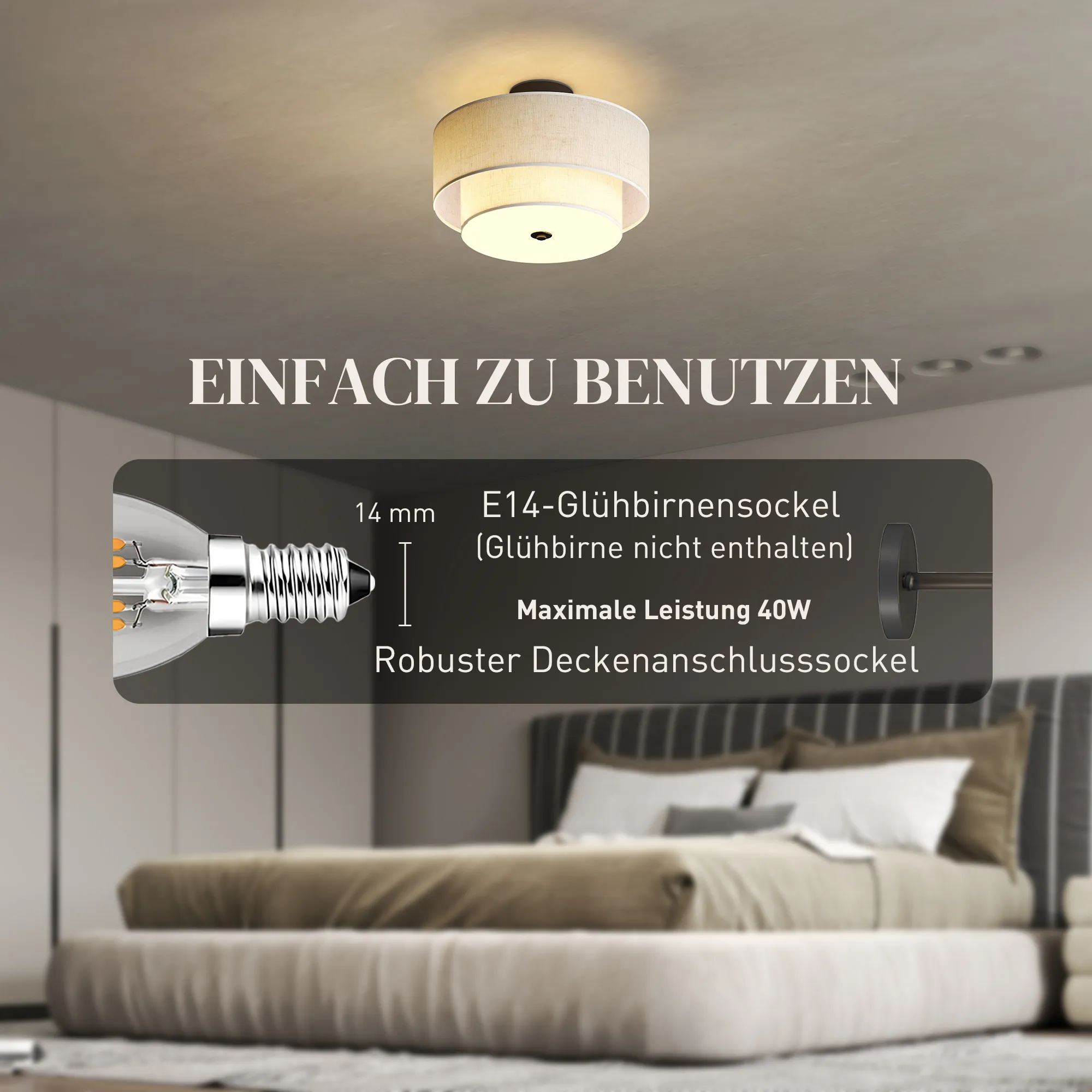 Deckenleuchte Hängeleuchte Stoff Leinenoptik Ø40 cm Cremeweiß
