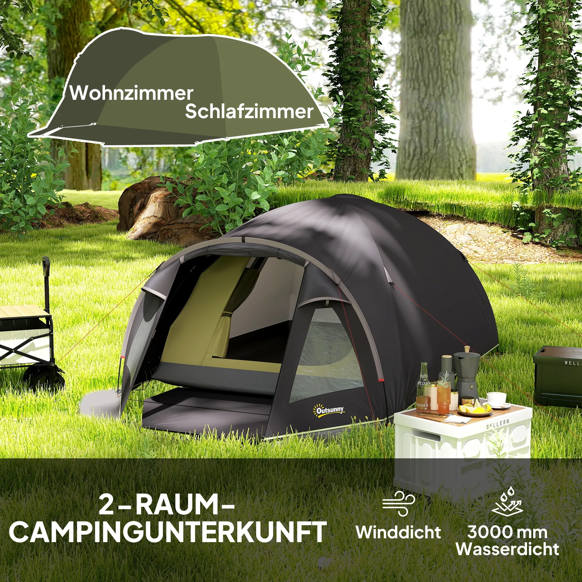 Campingzelt 3 Personen 330x190x120 cm Schwarz