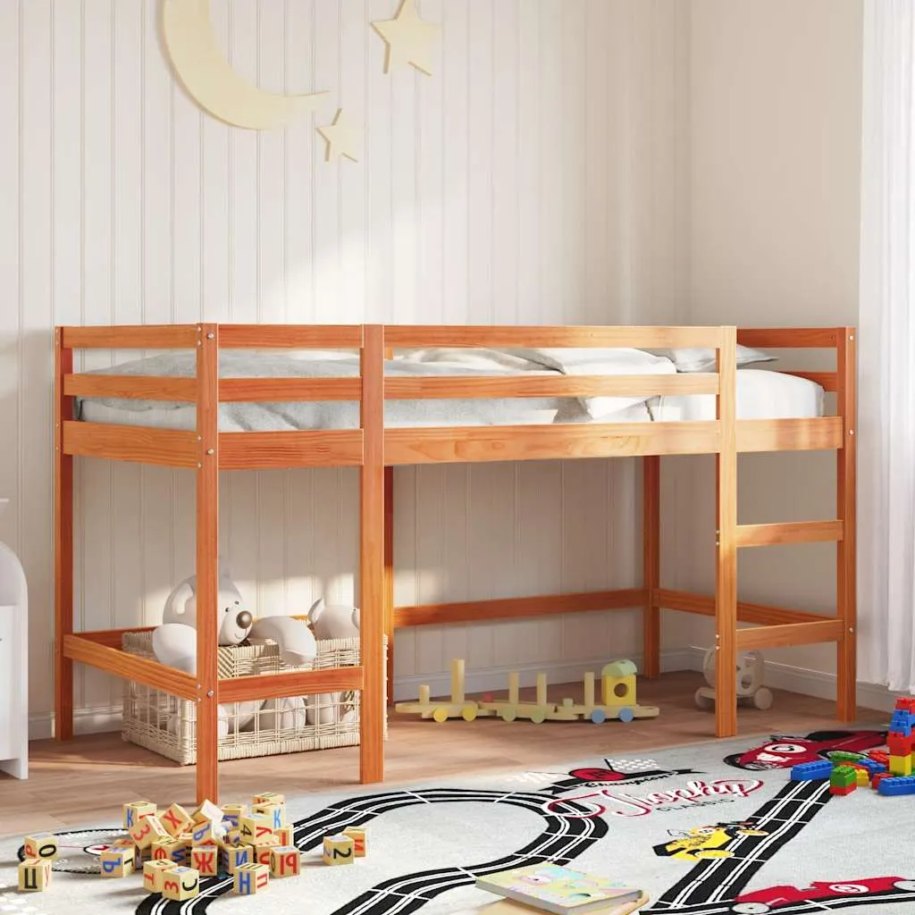 Kinder Hochbett Massivholz Wachsbraun 205,5x85,5x113,5 cm