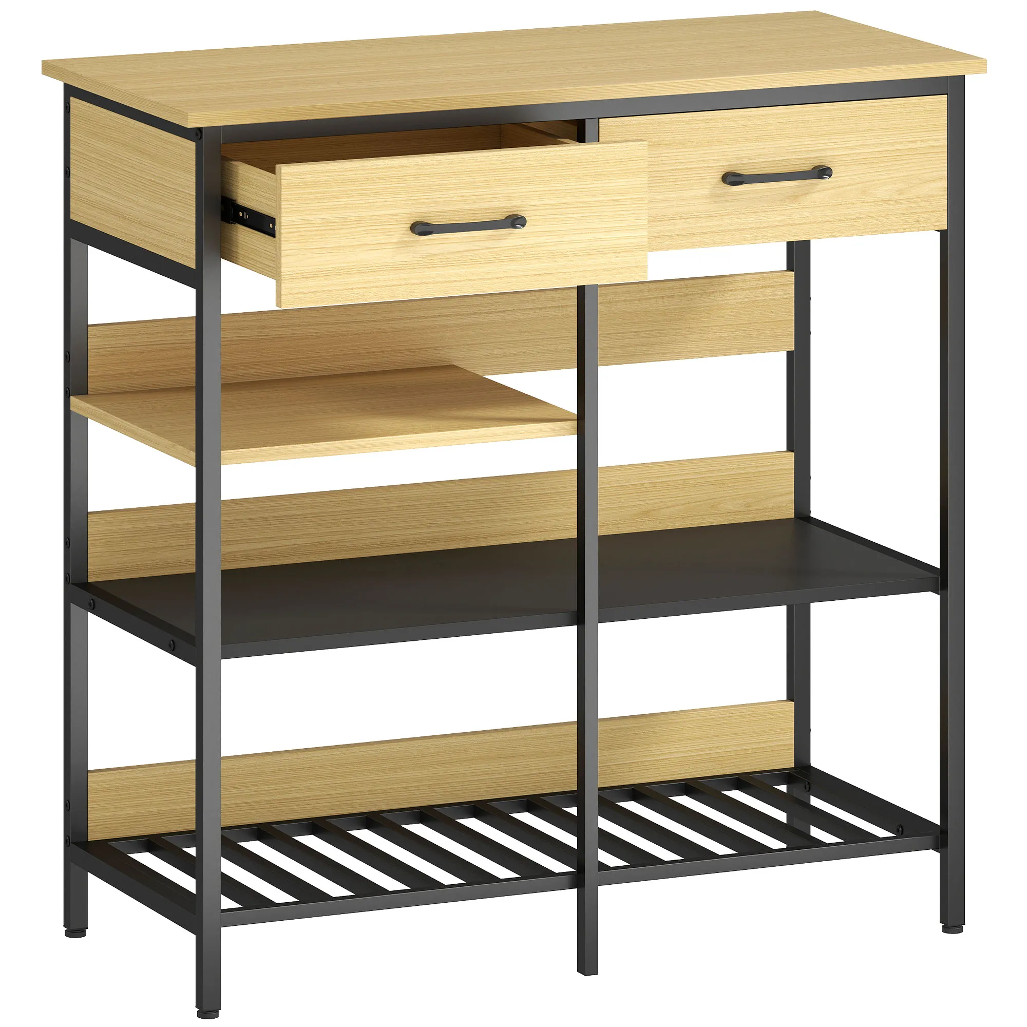 Sideboard, Kommode mit 2 Schubladen, 3 offenen Regalen Küchenschrankfür Küche, Wohnzimmer 90 x 40 x 91 cm, Naturholz Sideboard, Kommode mit 2 Schubladen, 3 offenen Regalen Küchenschrankfür Küche, Wohnzimmer 90 x 40 x 91 cm, Naturholz