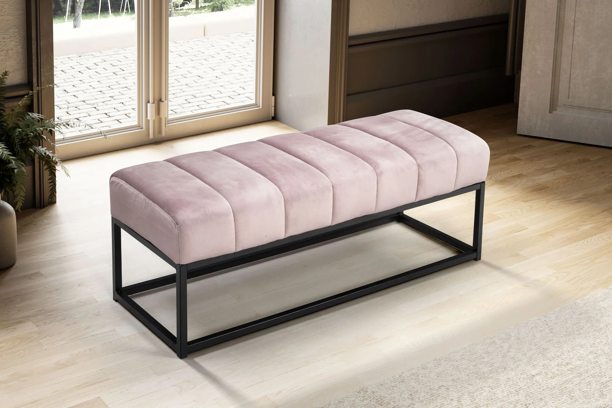 Sitzbank Samt Rosa 108x40x40 cm Flur Polsterbank mit Metallgestell