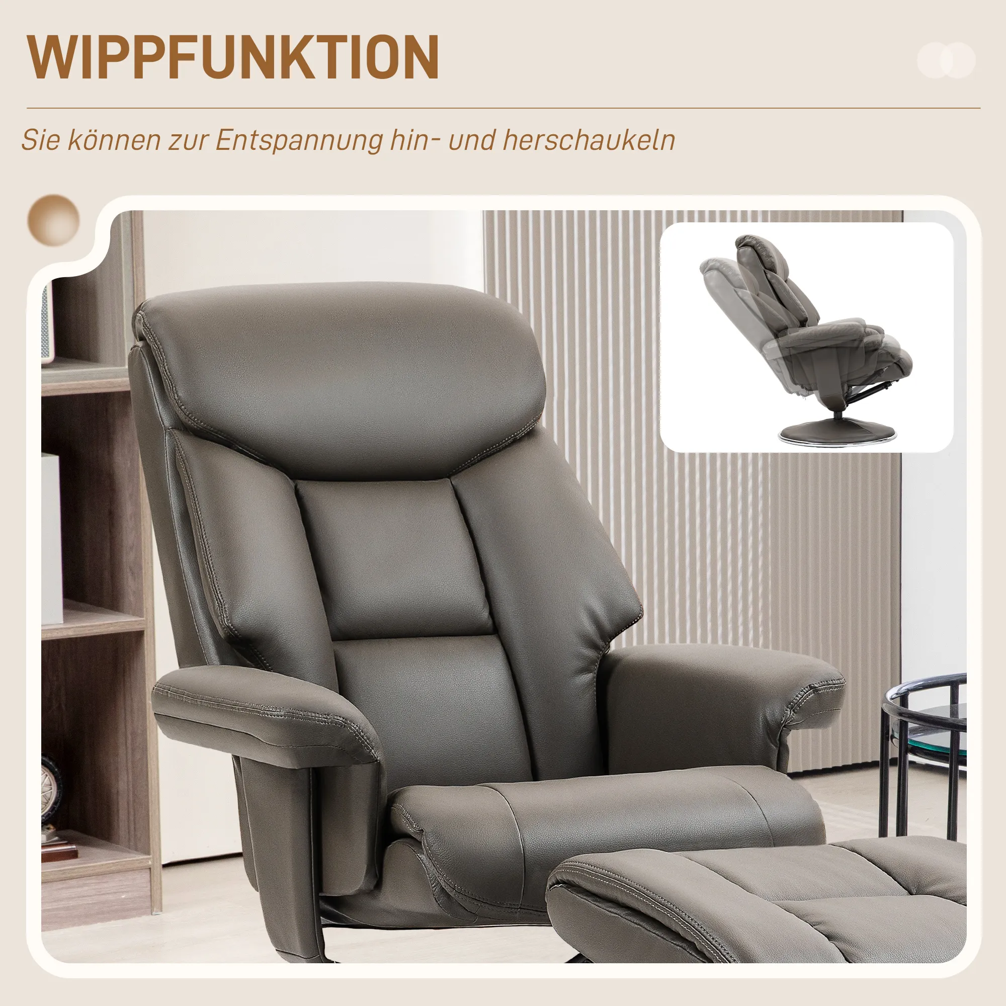 Relaxsessel mit Hocker, Rückenlehne verstellbar, Kunstleder, bis 150 kg, Grau