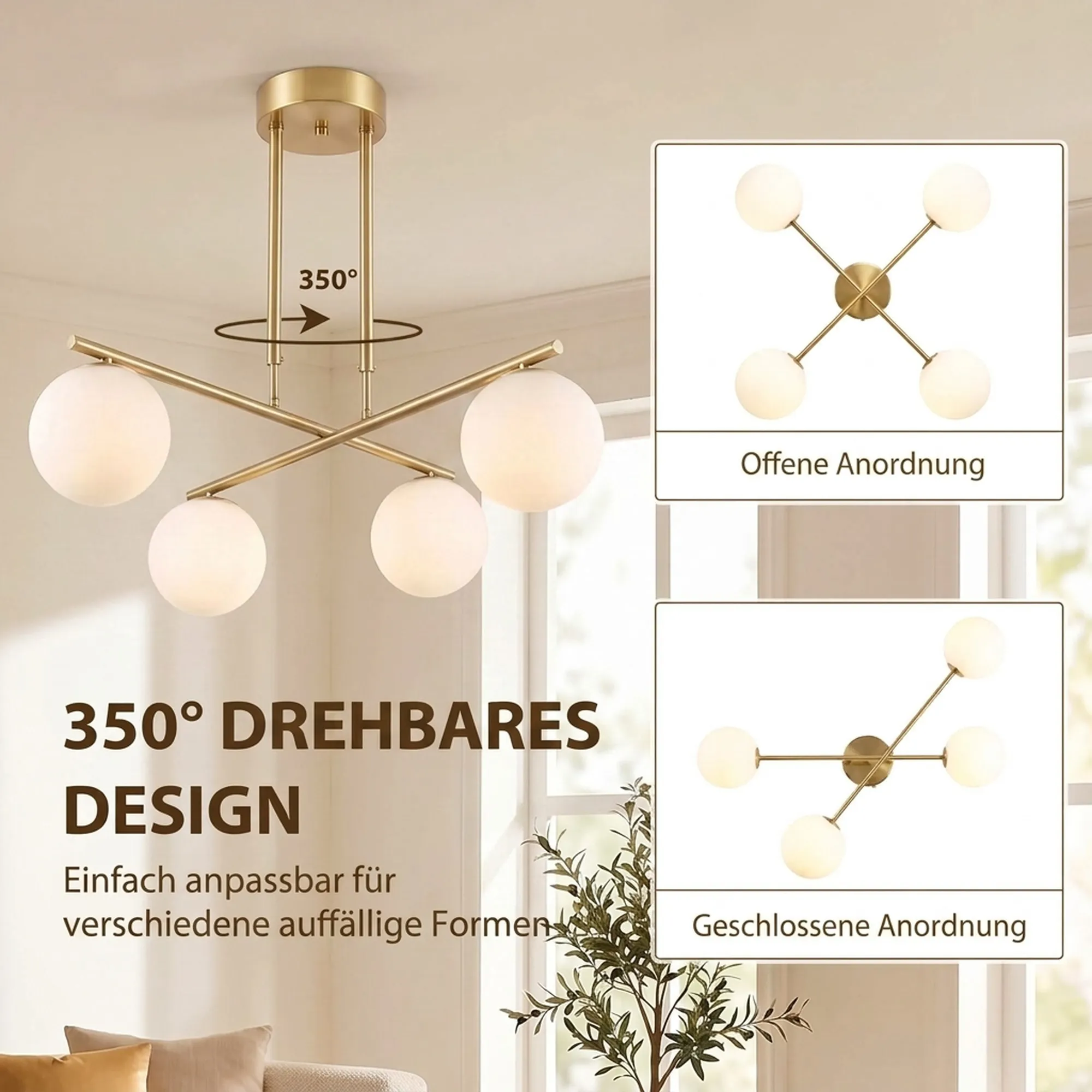 Pendelleuchte mit 4 Kugelschirmen, höhenverstellbar, Weiß-Gold