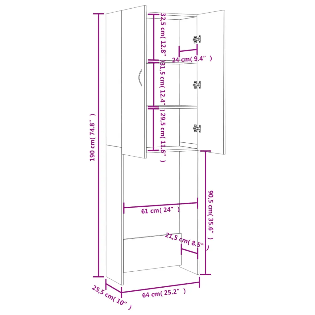 Waschmaschinenschrank 64x25,5x190 cm in Räuchereiche, Massivholz