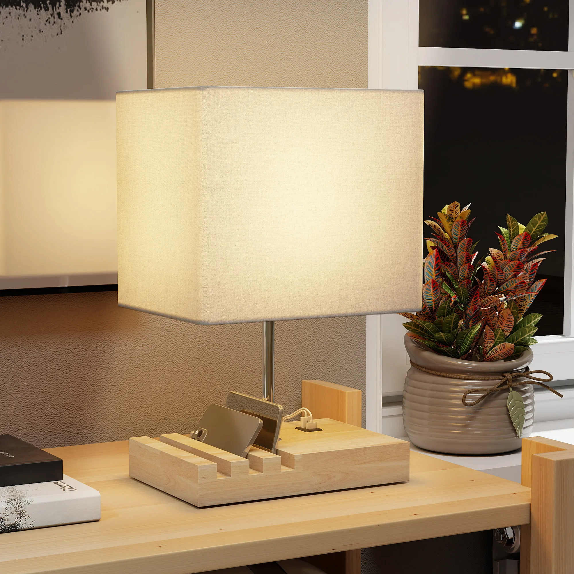 Nachttischlampe mit USB-A/C Ports, Holz & Stoff, Weiß, 40,5 cm