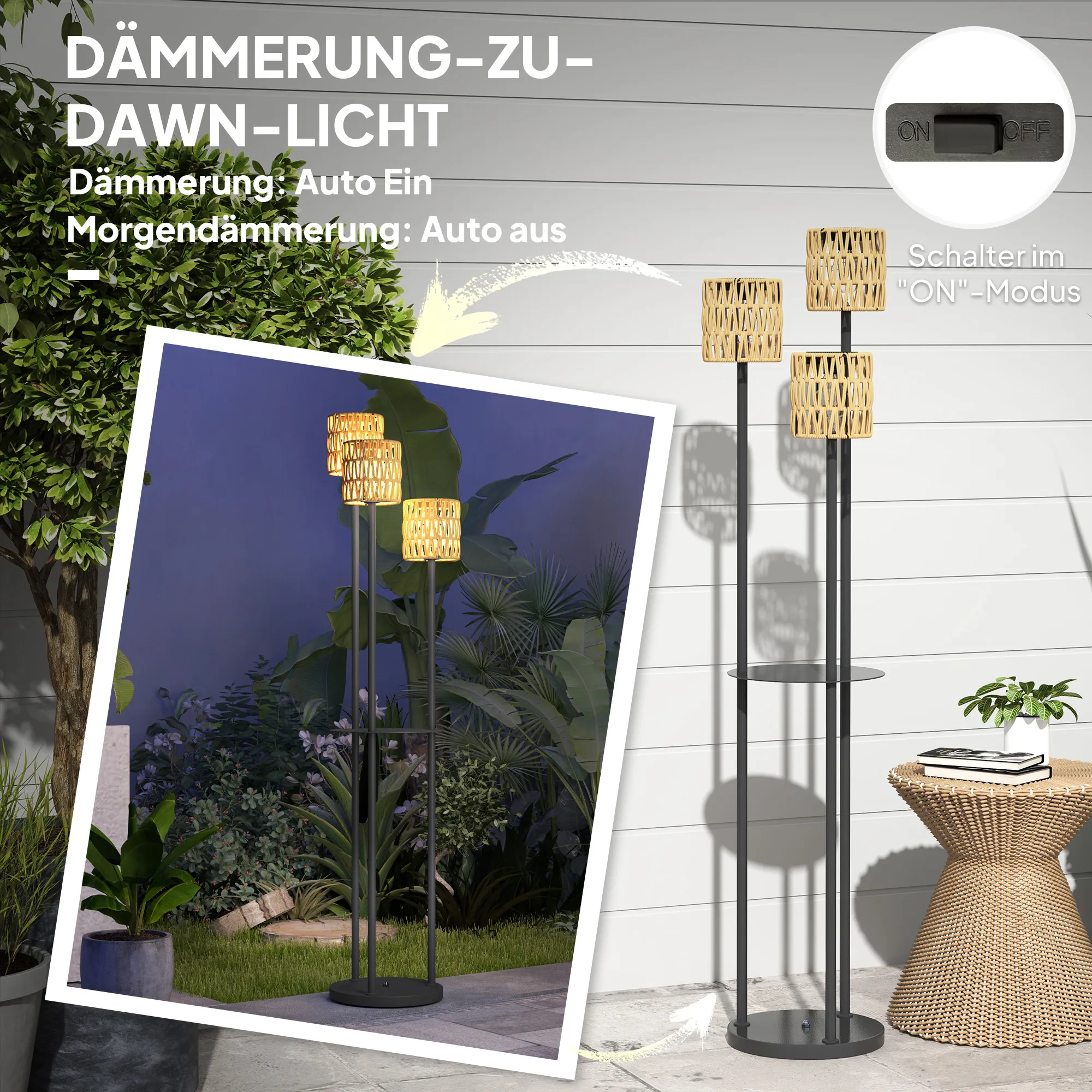 Solar Stehlampe Rattan Gartenleuchte Boho-Stil Ø37 x 144 cm Gelb