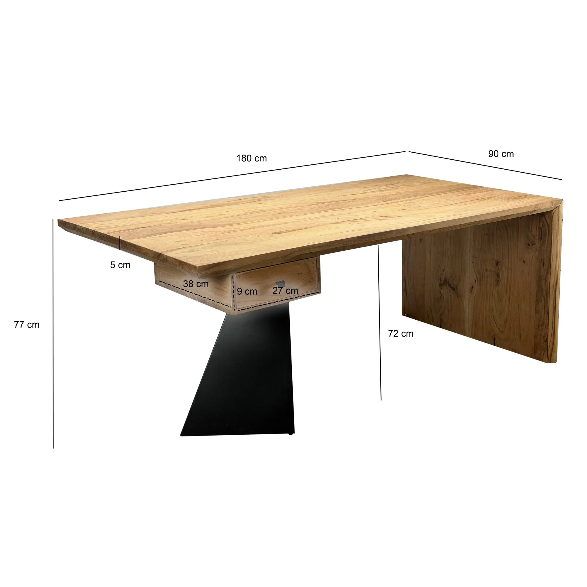 Schreibtisch aus Massivholz Akazie 180 x 90 cm rechteckig mit Schublade - Moderner massiver Bürotisch mit Metall - Natur Holztisch Industrial Design