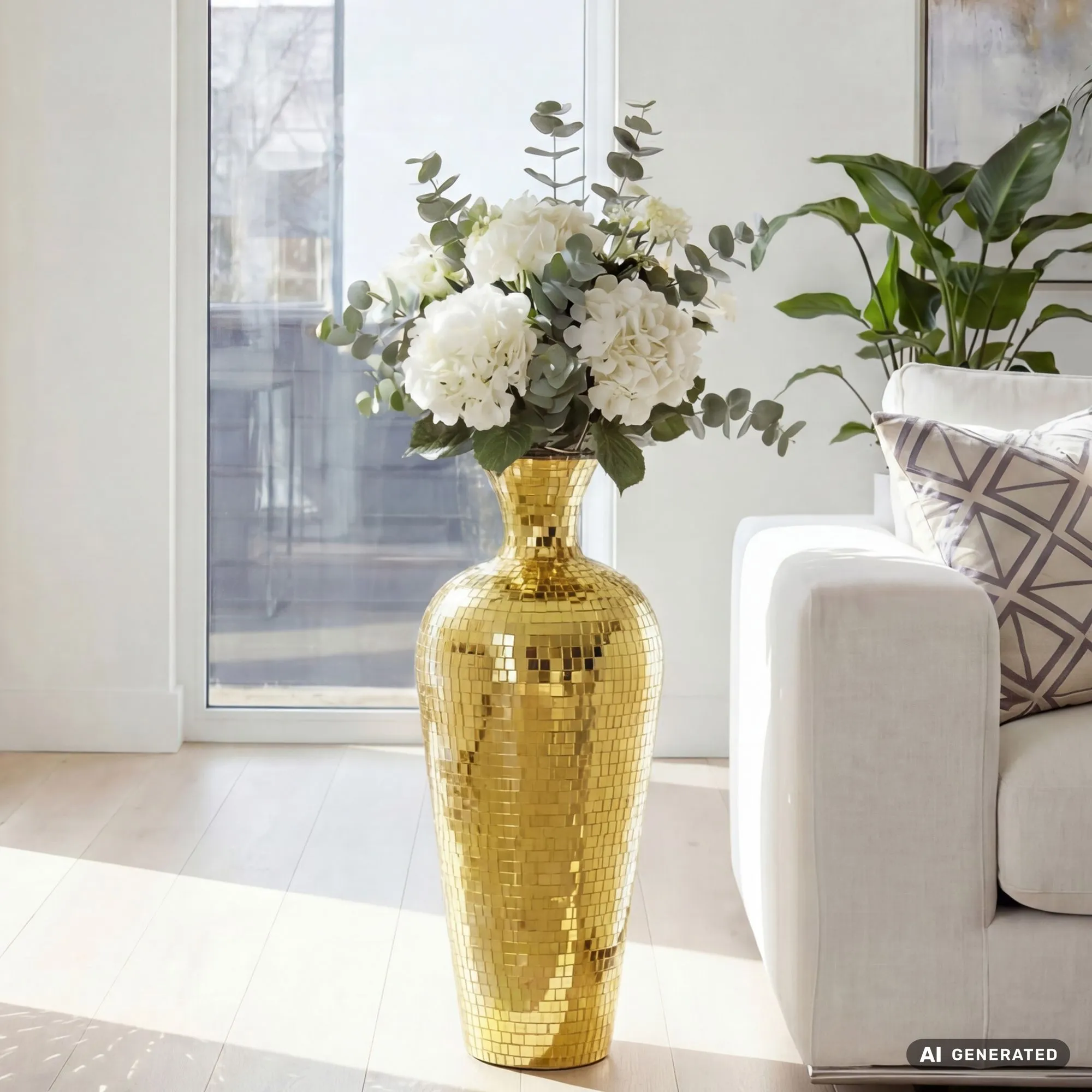 Bodenvase Aluminium 50cm Gold - Blumenvase Groß - Metallvase im Discokugel Design Modern - Dekovase rund für Trockenblumen - XL Standvase Hoch - Wohnzimmer Deko - Wohndeko Handmade