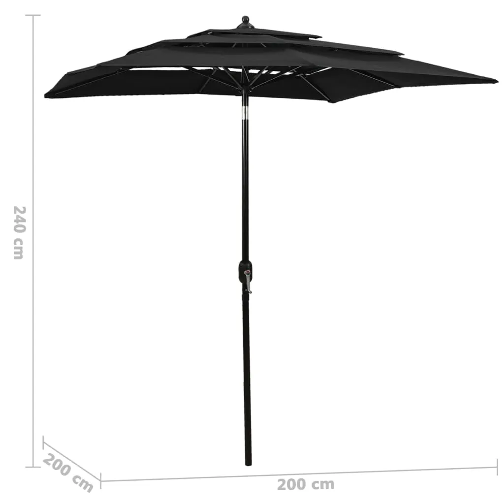 3-lagiger Sonnenschirm 200x200x240 cm Schwarz mit Aluminium-Mast