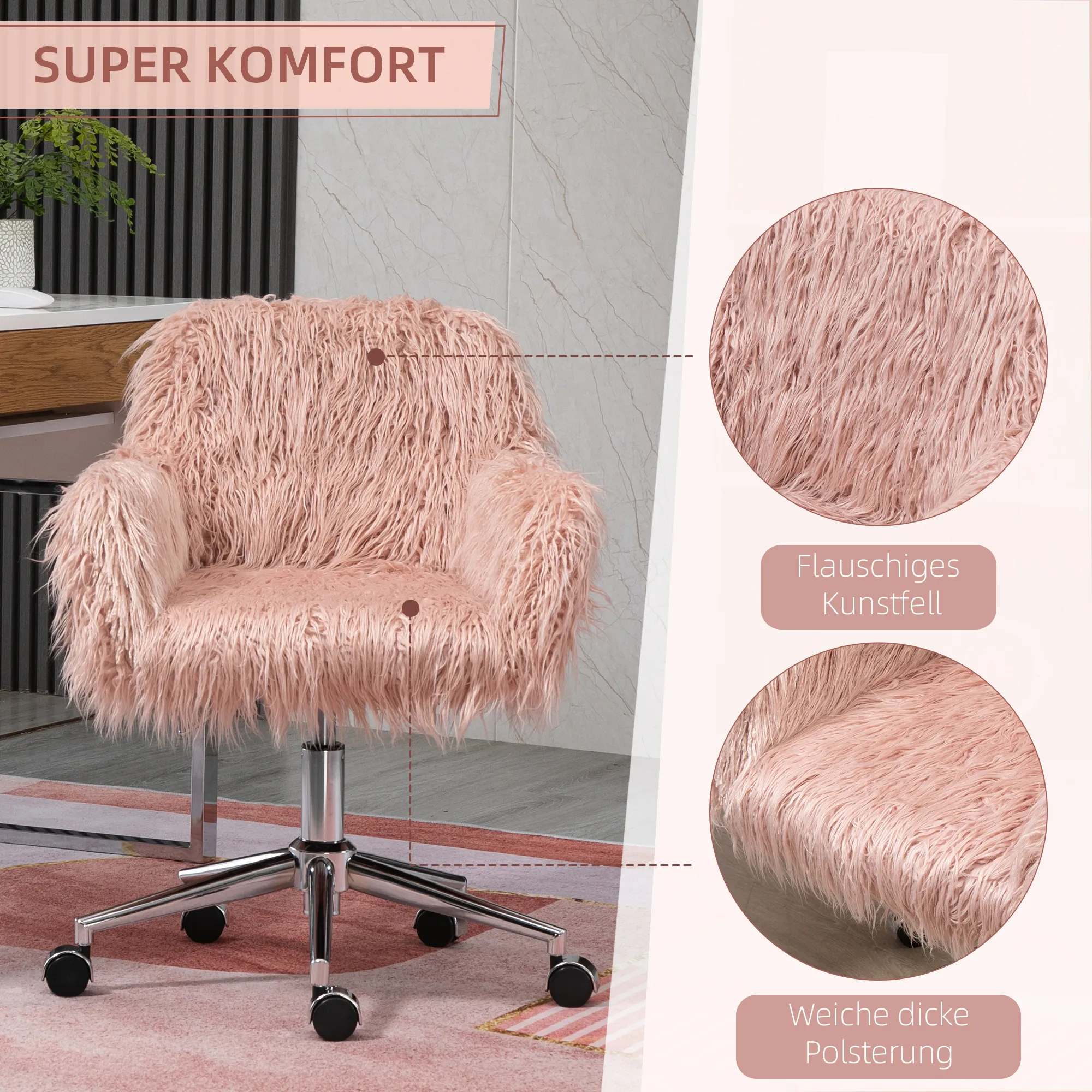 Chefsessel Drehstuhl Computerstuhl Schminkstuhl mit Kunstfell Sitzhöhenverstellung für Mädchen Kunstpelz Schaumstoff Rosa+Silber 57 x 60 x 75-85 cm