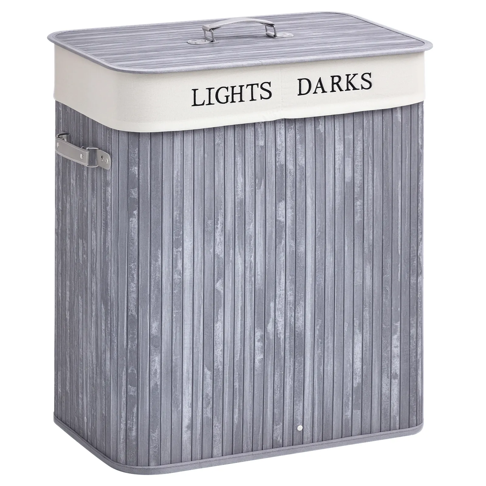 Bambus Wäschekorb mit Deckel 100 L Wäschesammler mit PU-Griffen, Wäschesack aus Segeltuch, Laundry Baskets Wäschesortierer für Waschküche Schlafzimmer Badezimmer Grau