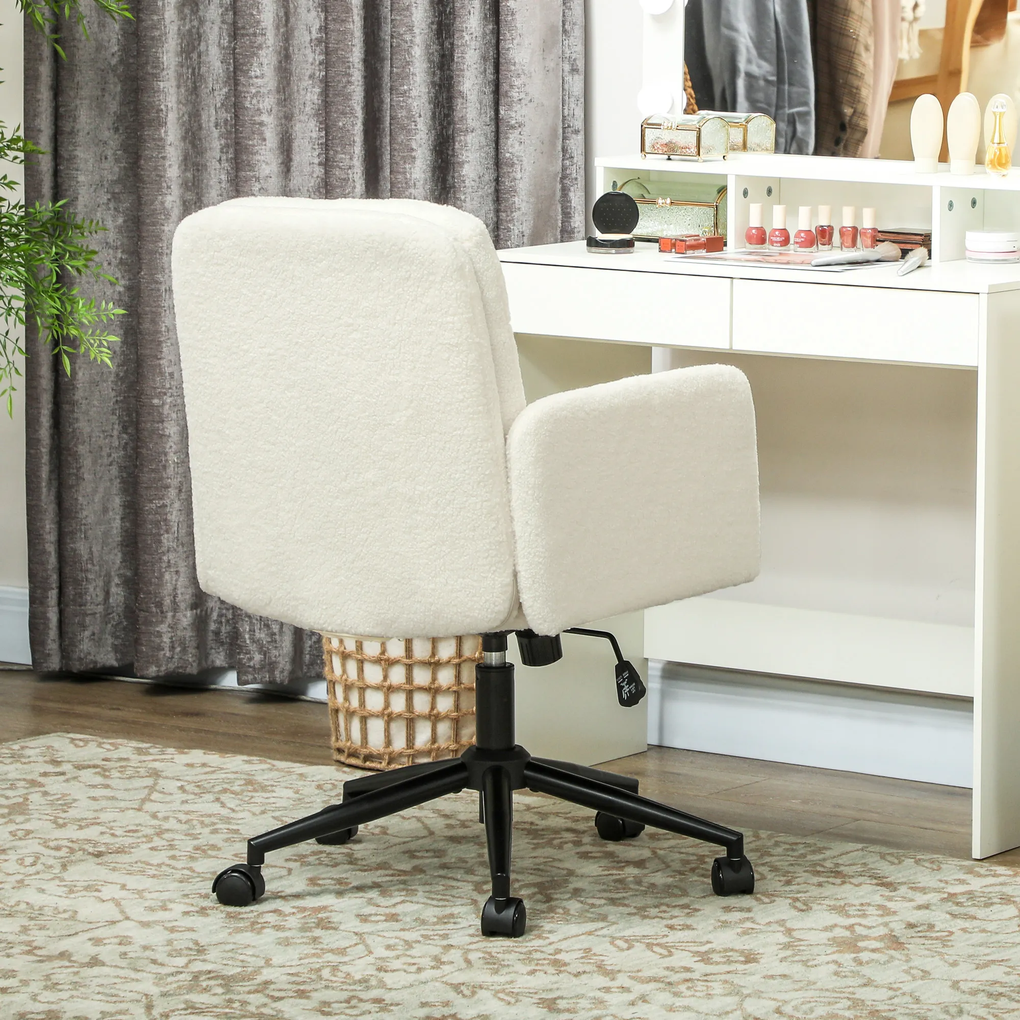 Fahrbarer Bürostuhl mit Stoffbezug, Armlehne, 5 Räder, drehbar, Cremeweiß