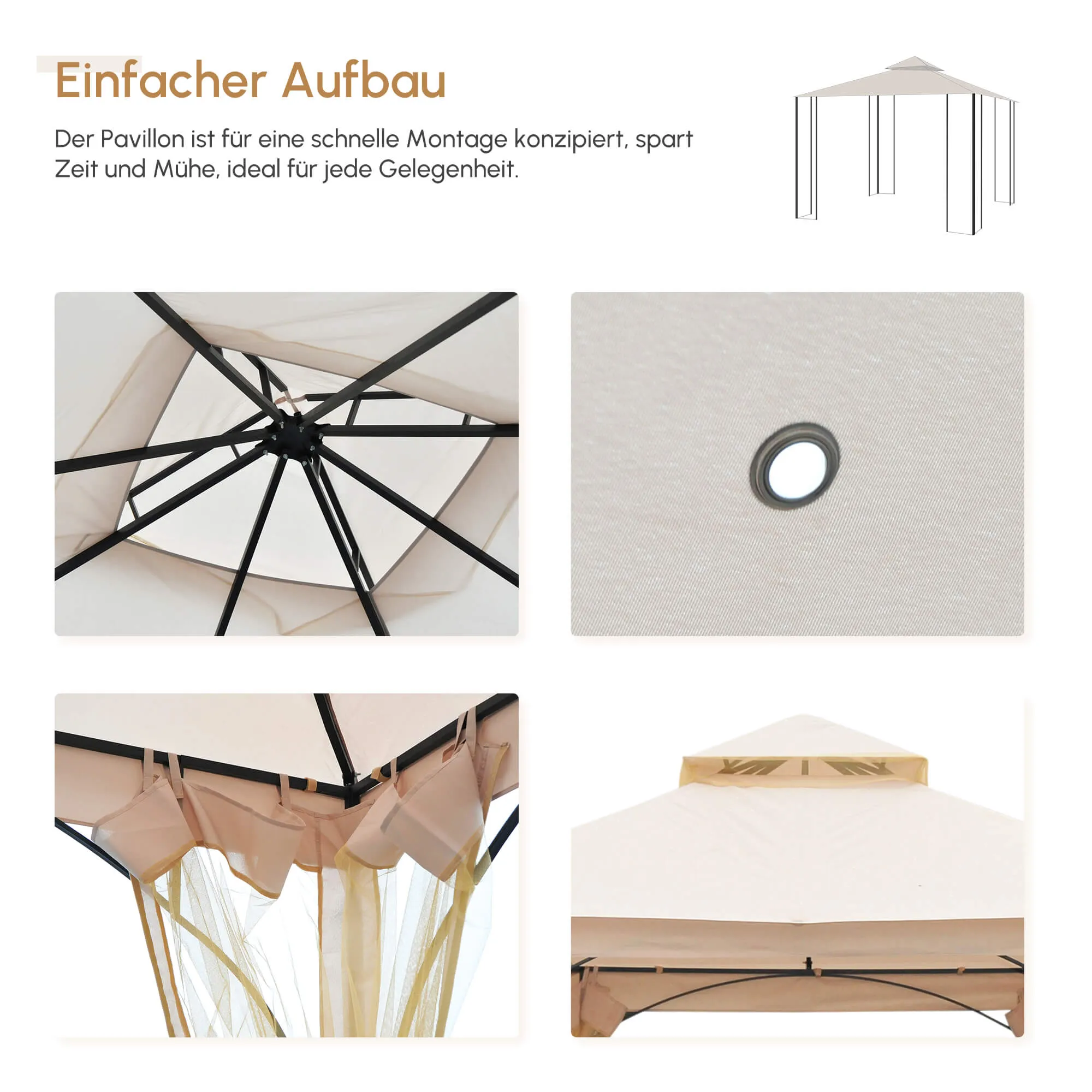 Luxuriöser Gartenpavillon 295x295x275 cm Beige+Schwarz