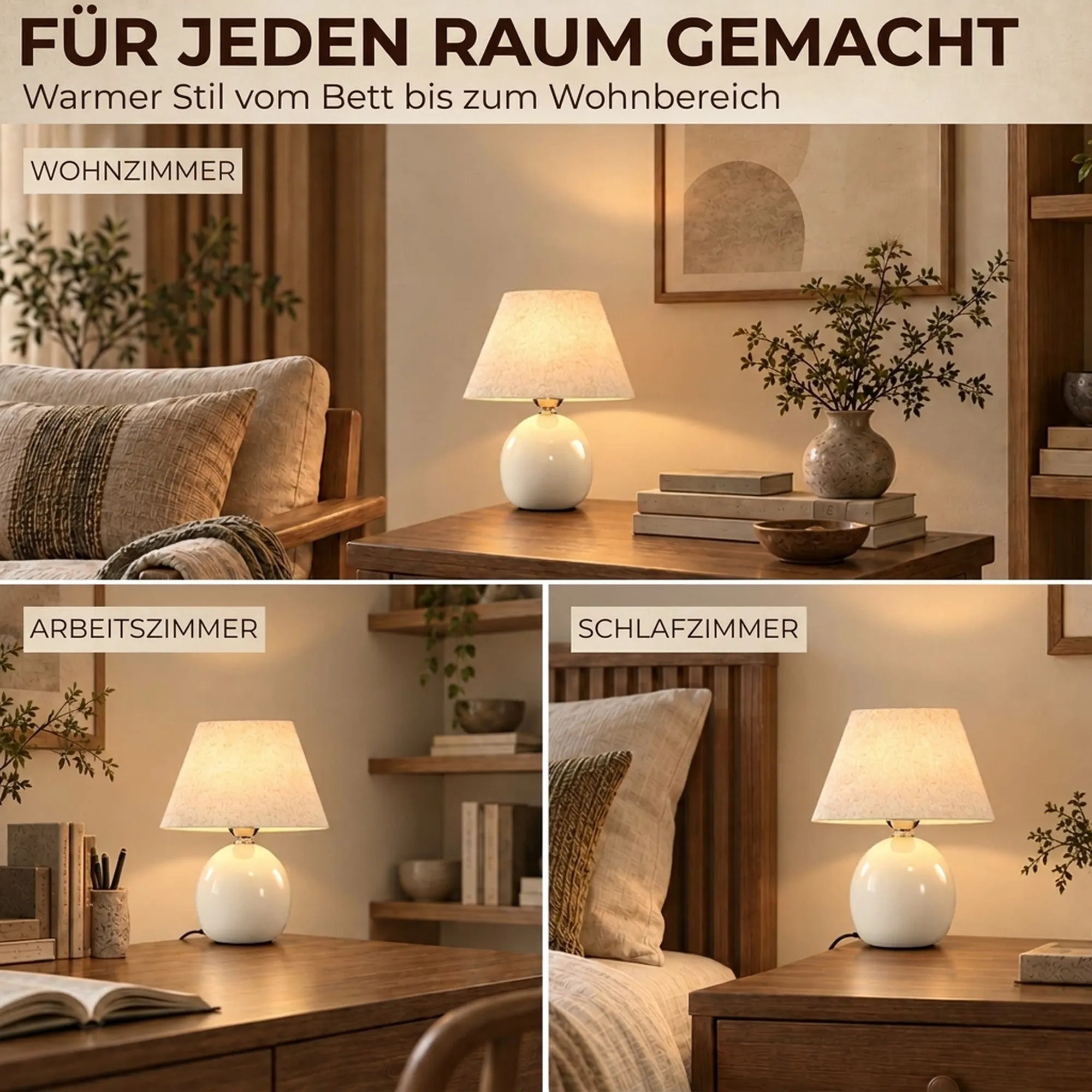 Tischlampe Vintage mit Keramiksockel und Leinen, Cremeweiß